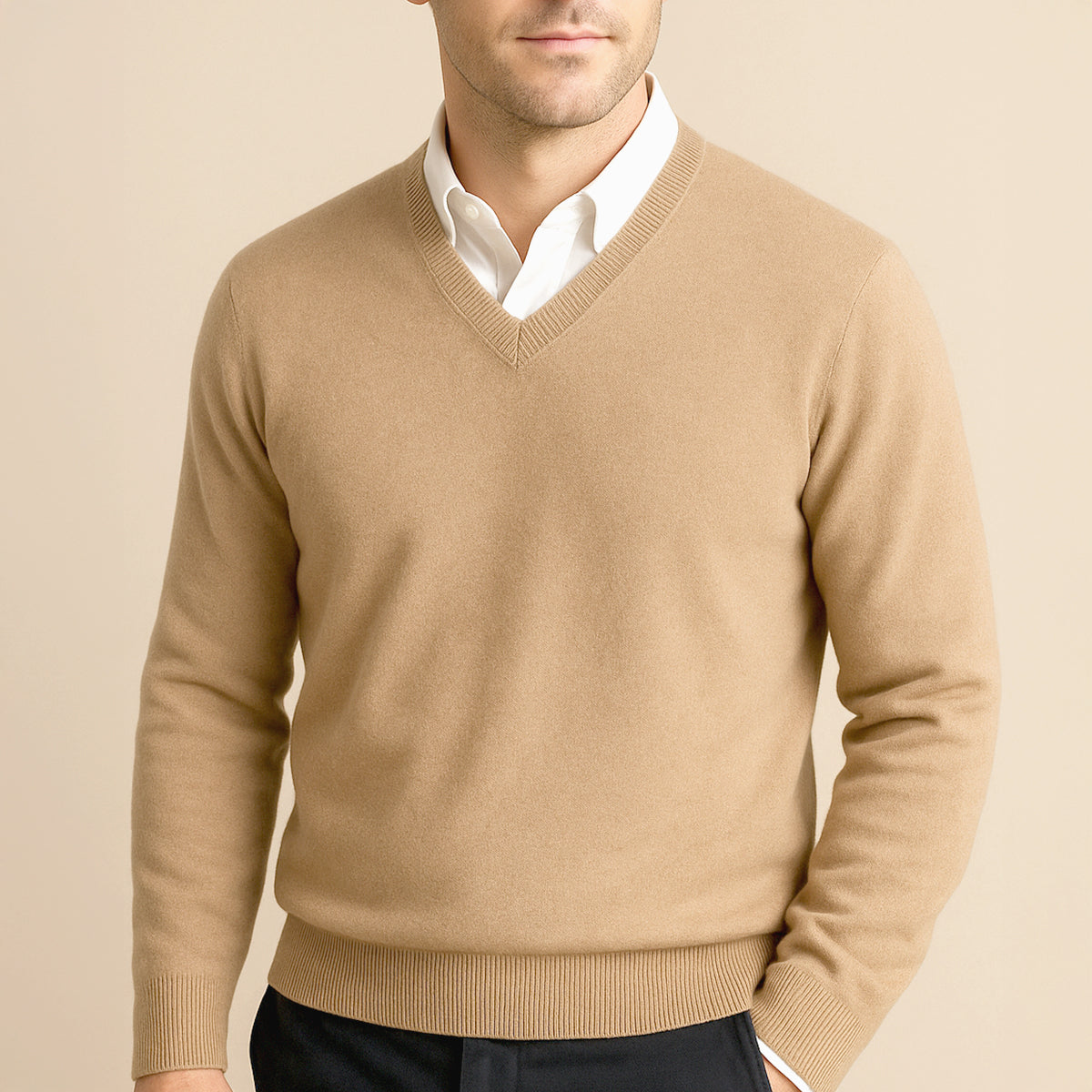 Arlo | Men's V Neck Sweater Beige Crew Neck Knit