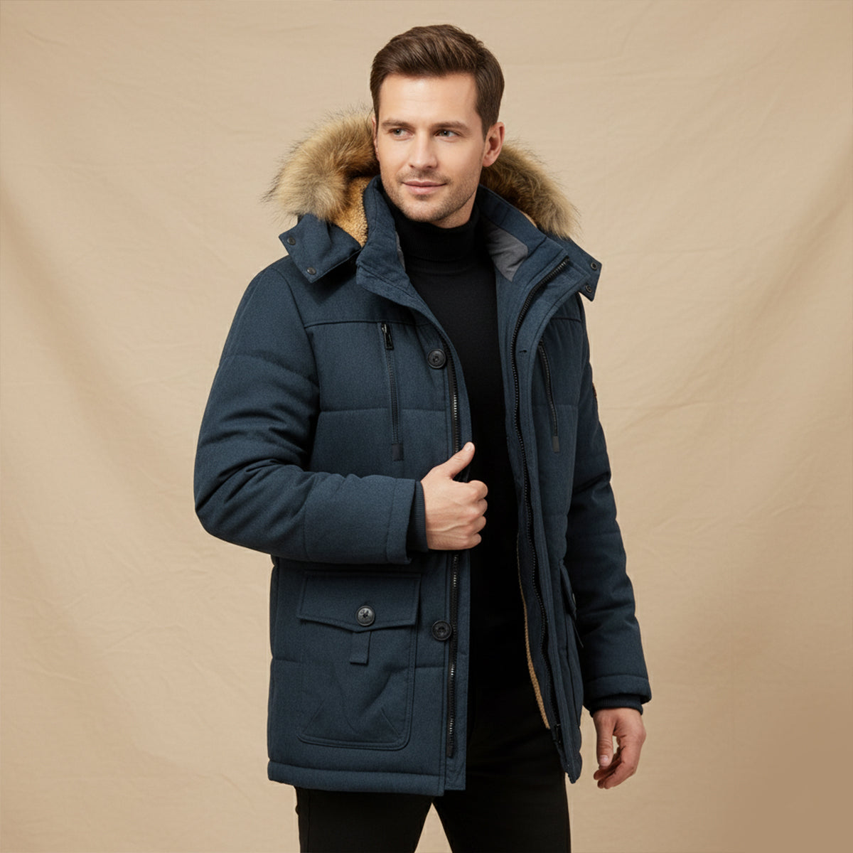 Jude | Men's Puffer Jacket Beige Faux Fur Hood Fleece Lined