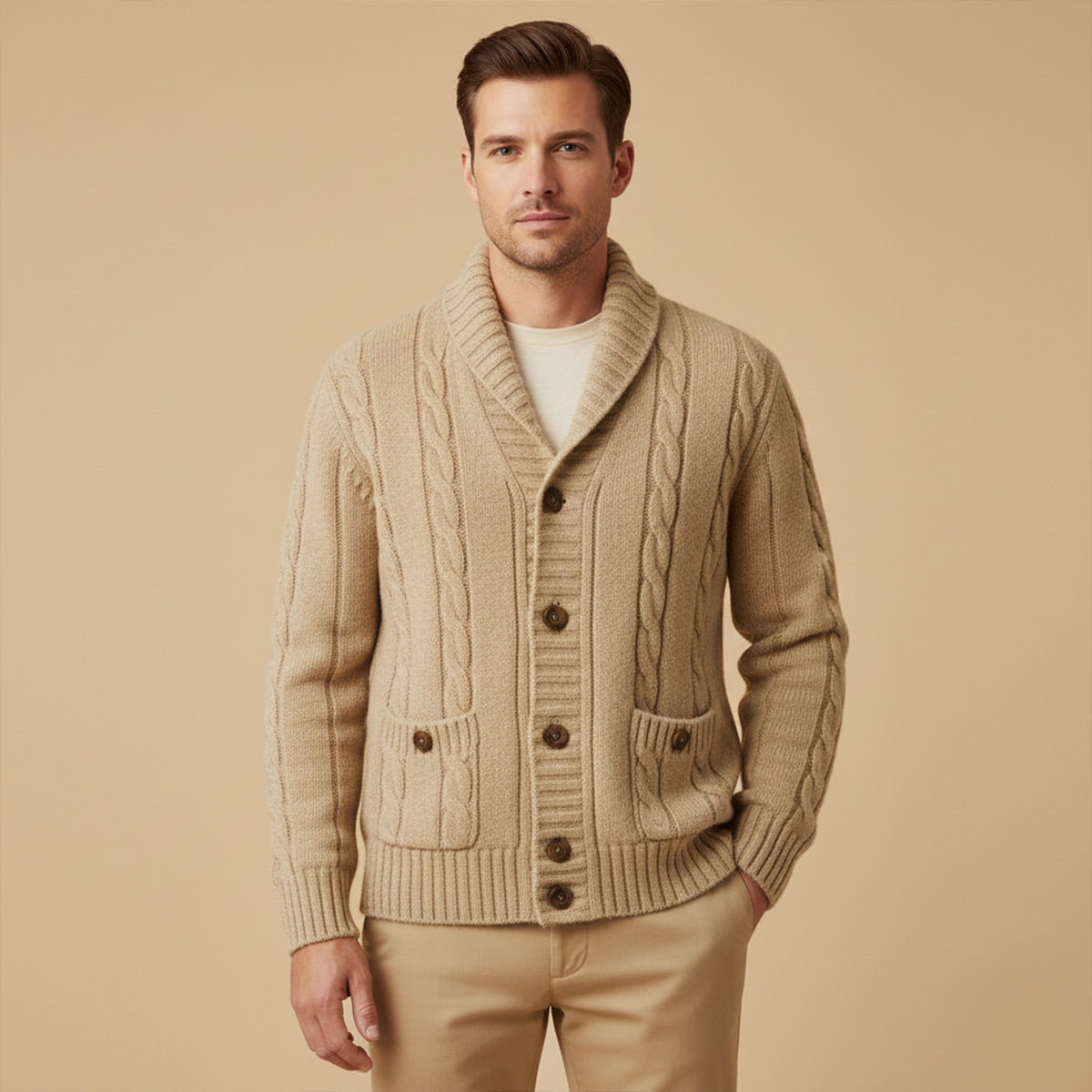 Axel | Men's Cable Knit Cardigan Cream Shawl Collar Button Front