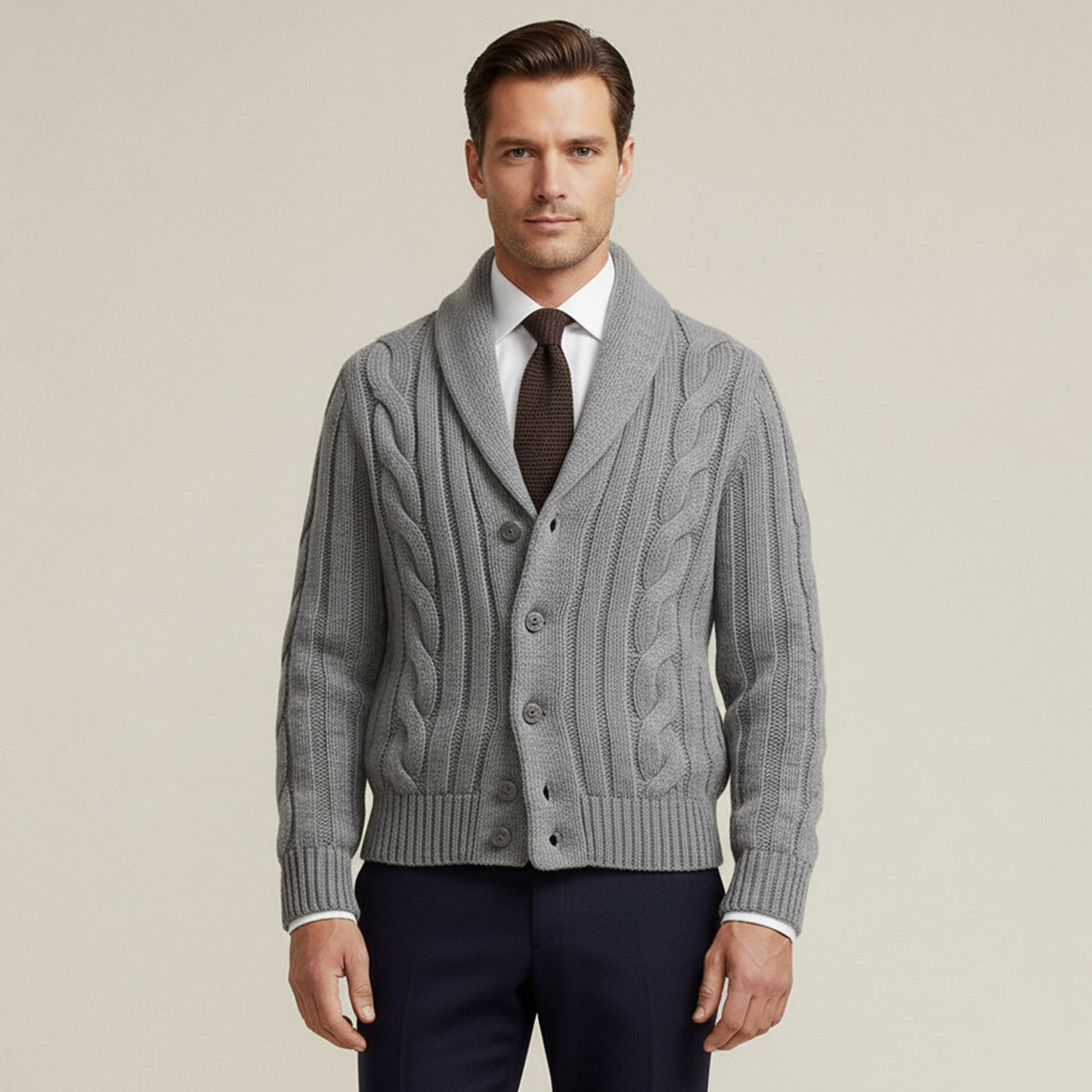Bram | Men's Cable Knit Cardigan Beige Button Up