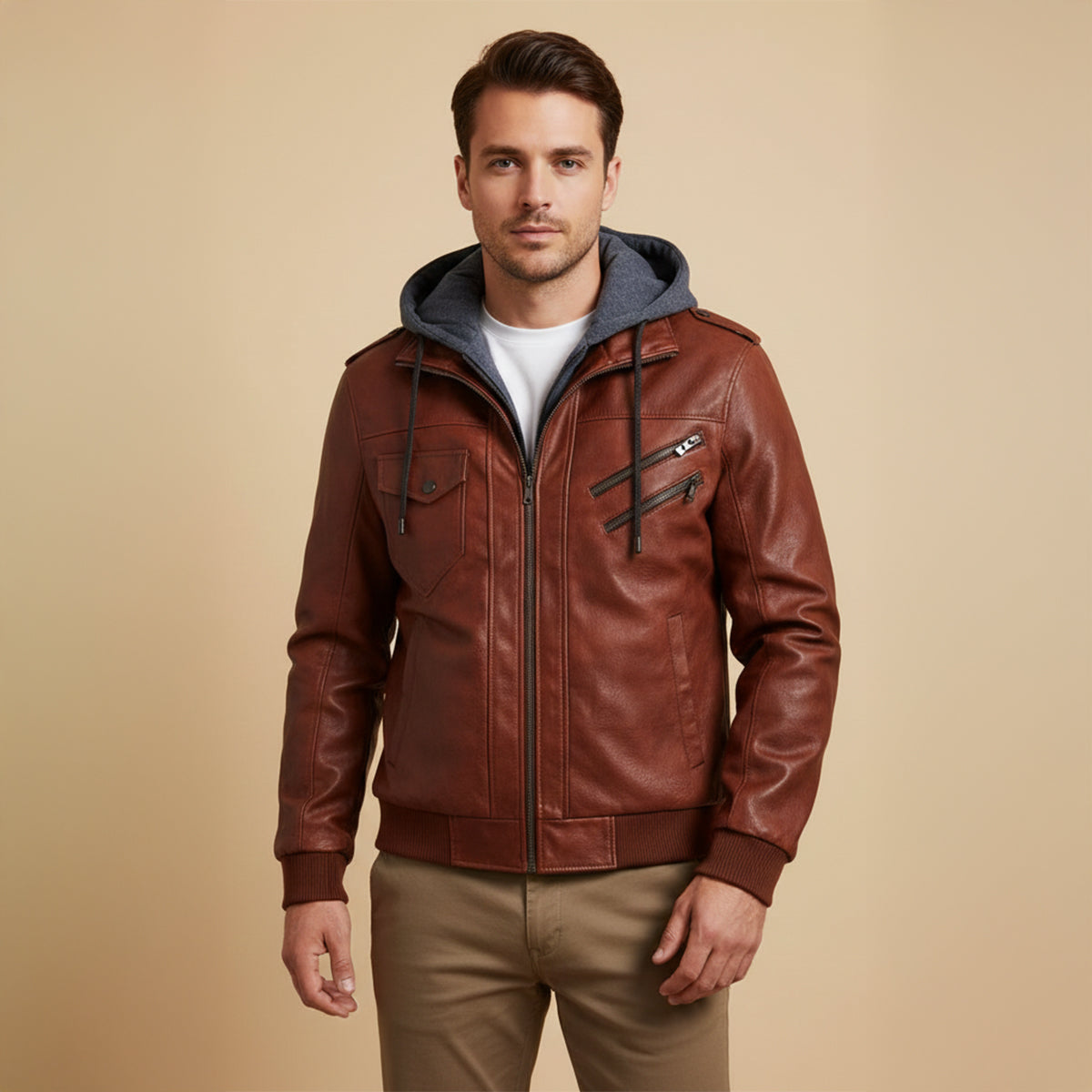 Axel | Men's Leather Bomber Jacket Brown Hooded Zip Up