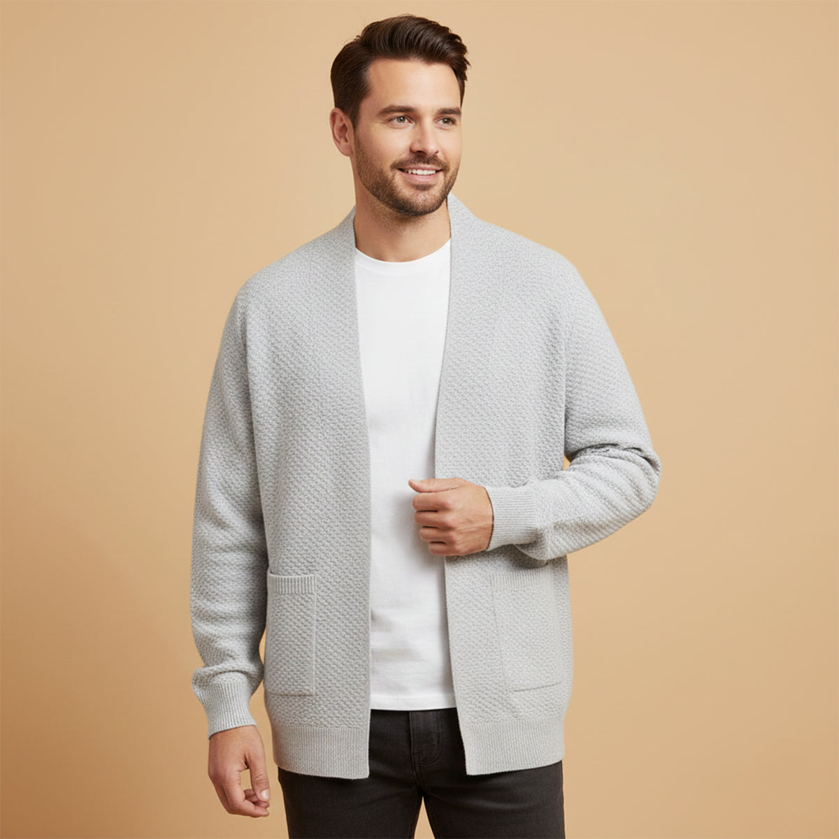 Callum | Men's Cable Knit Cardigan Cream Open Front Pockets