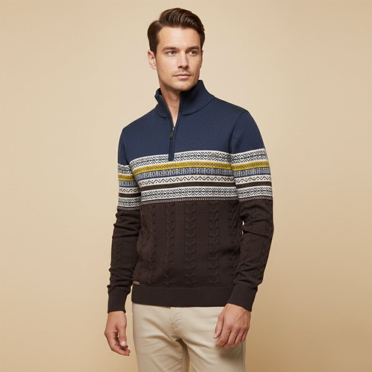 Axel | Men's Fair Isle Quarter Zip Sweater Cream Navy