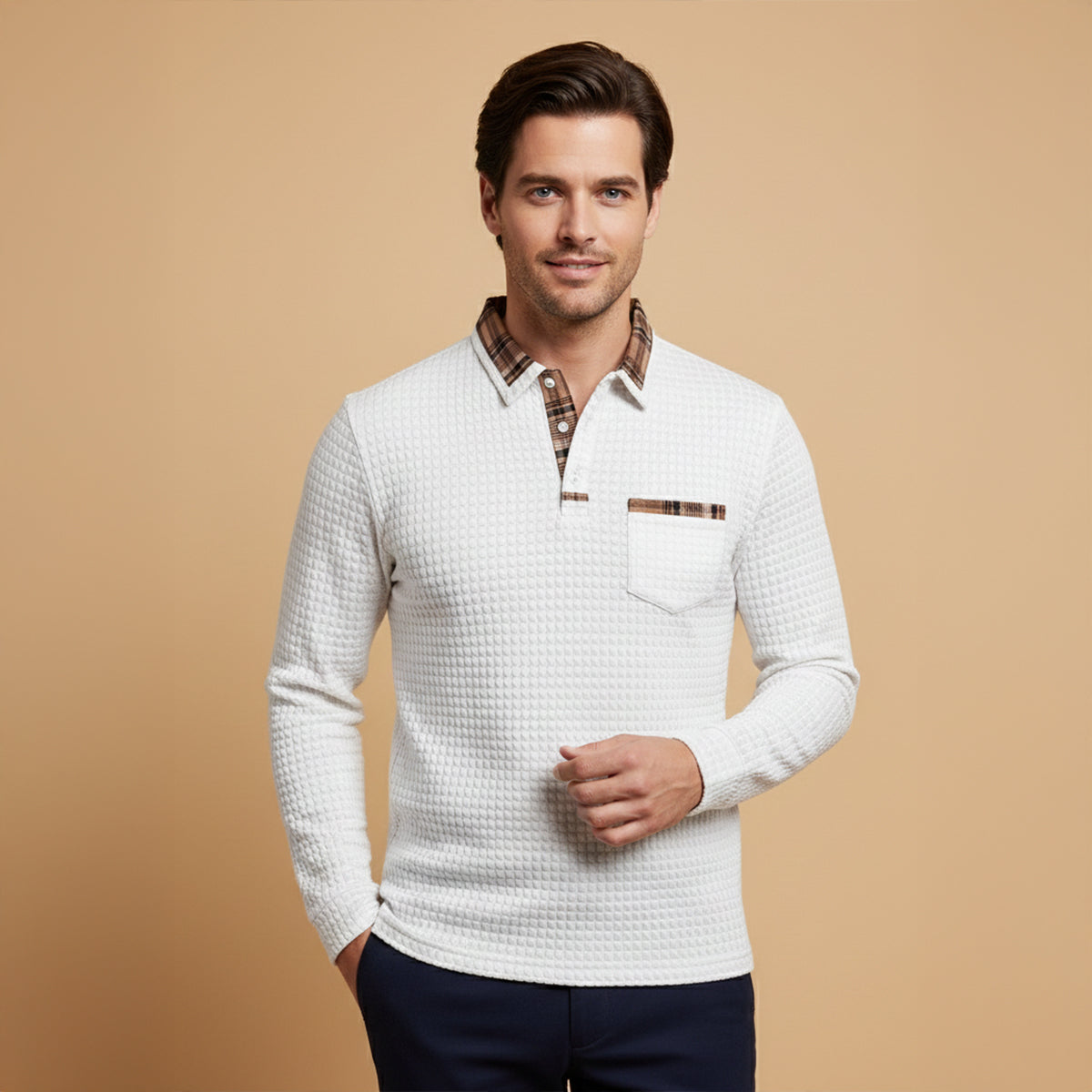 Callum | Men's Quilted Waffle Knit Polo Sweater Black Plaid Collar