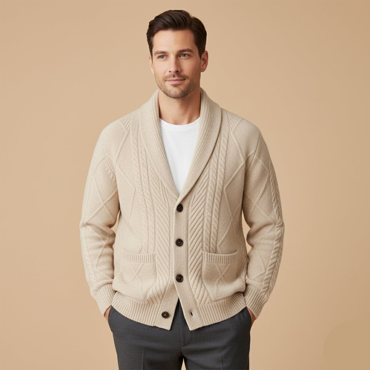 Bram | Men's Cable Knit Cardigan Navy Blue Shawl Collar