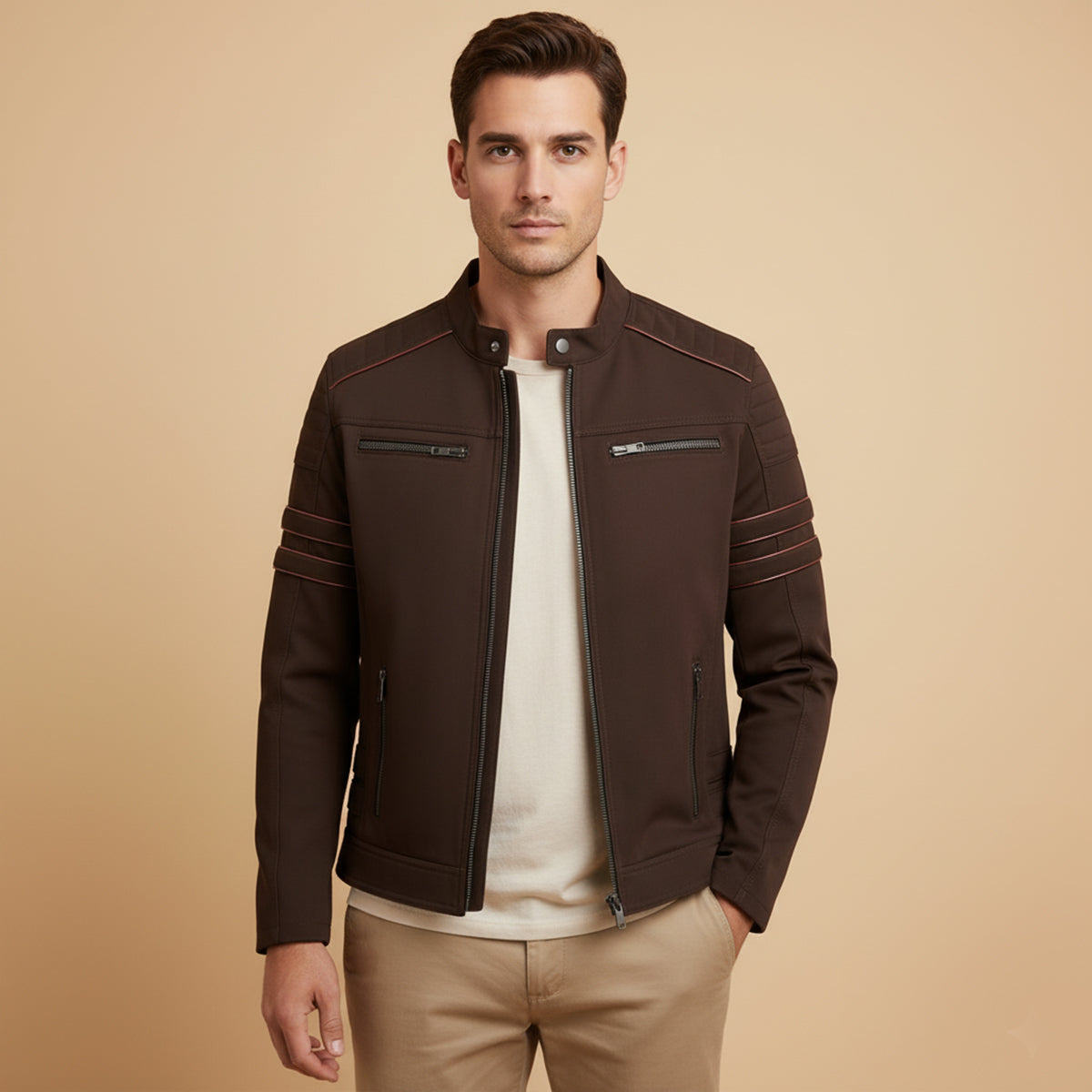Bram | Men's Moto Jacket Black Quilted Sleeve Stripe
