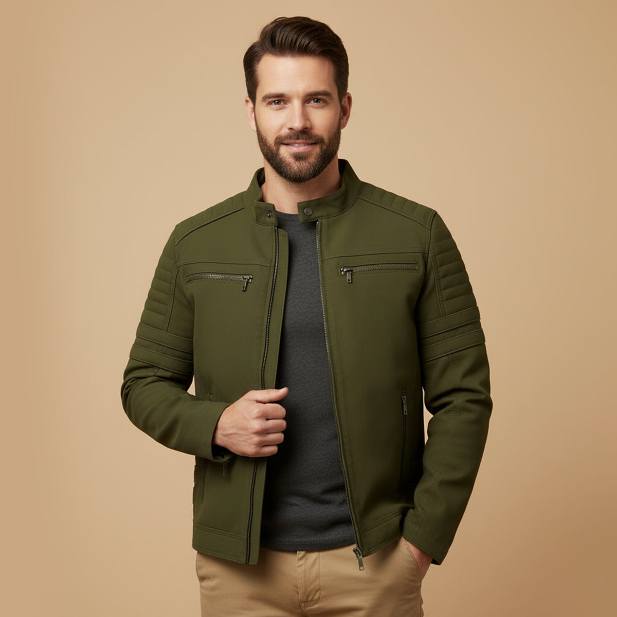 Bram | Men's Moto Jacket Black Quilted Sleeve Stripe