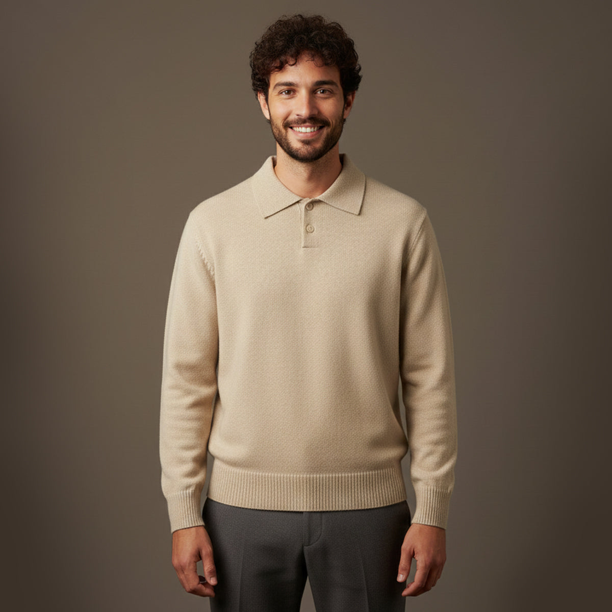 Beau | Men's Crew Neck Polo Sweater Cream Cashmere Long Sleeve