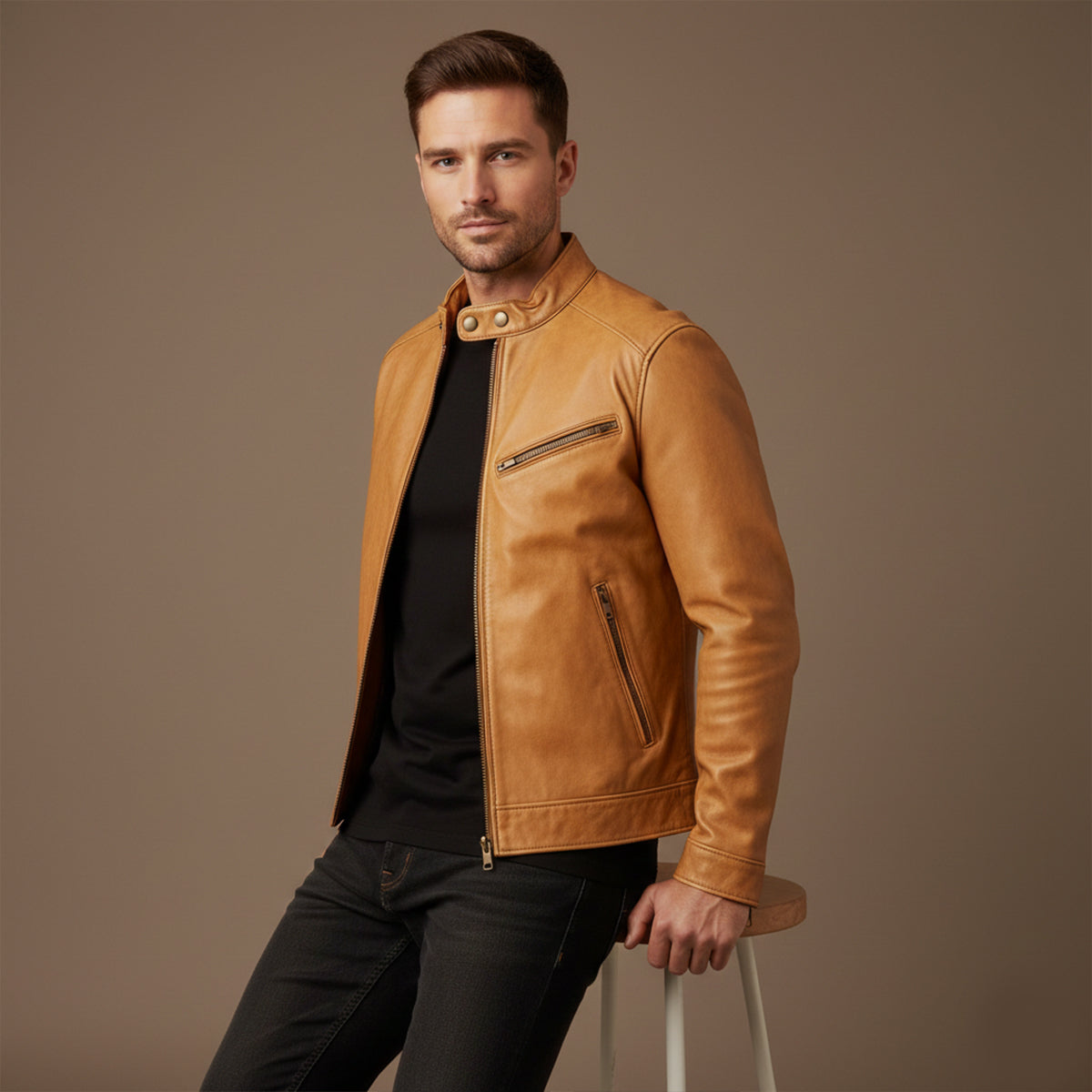 Erik | Men's Leather Jacket Brown Moto Zip Pocket