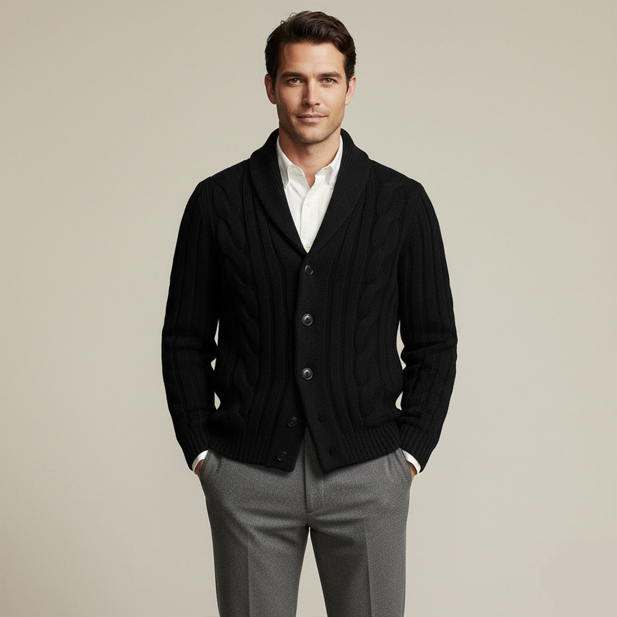 Bram | Men's Cable Knit Cardigan Beige Button Up