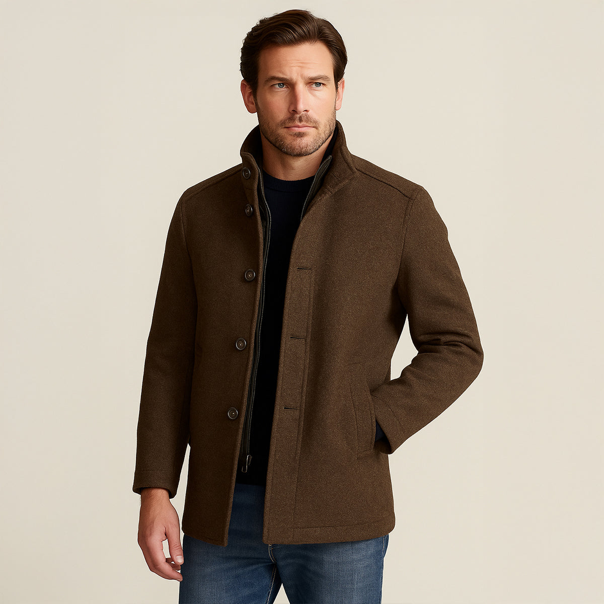 Callum | Men's Wool Blend Overcoat Brown Button Front