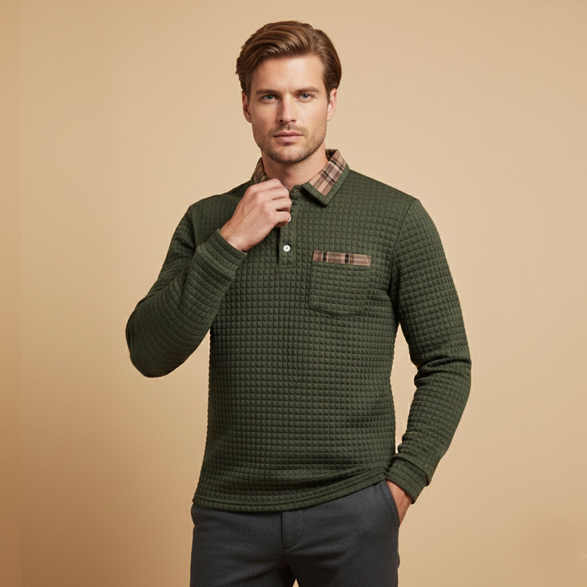 Callum | Men's Quilted Waffle Knit Polo Sweater Black Plaid Collar