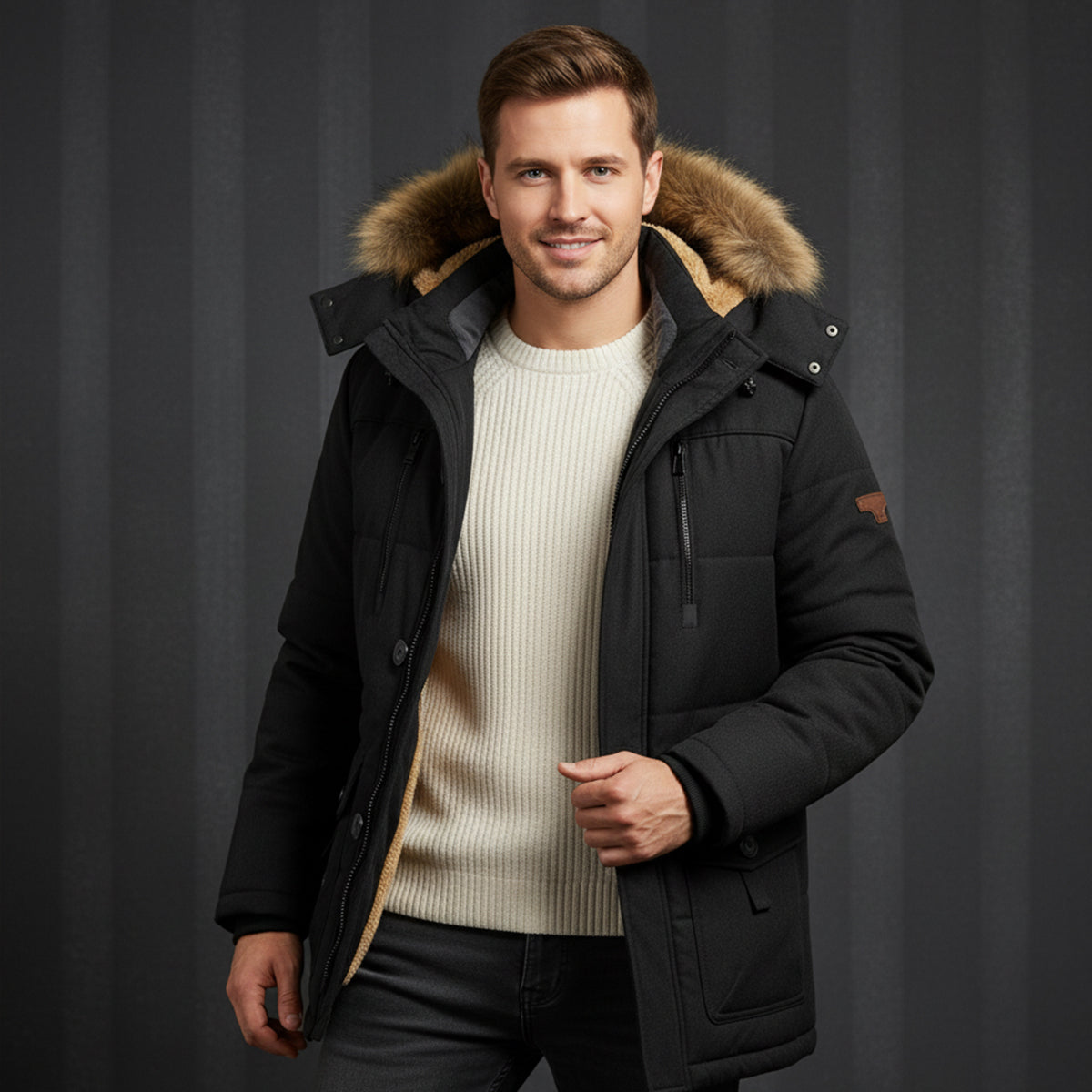 Jude | Men's Puffer Jacket Beige Faux Fur Hood Fleece Lined