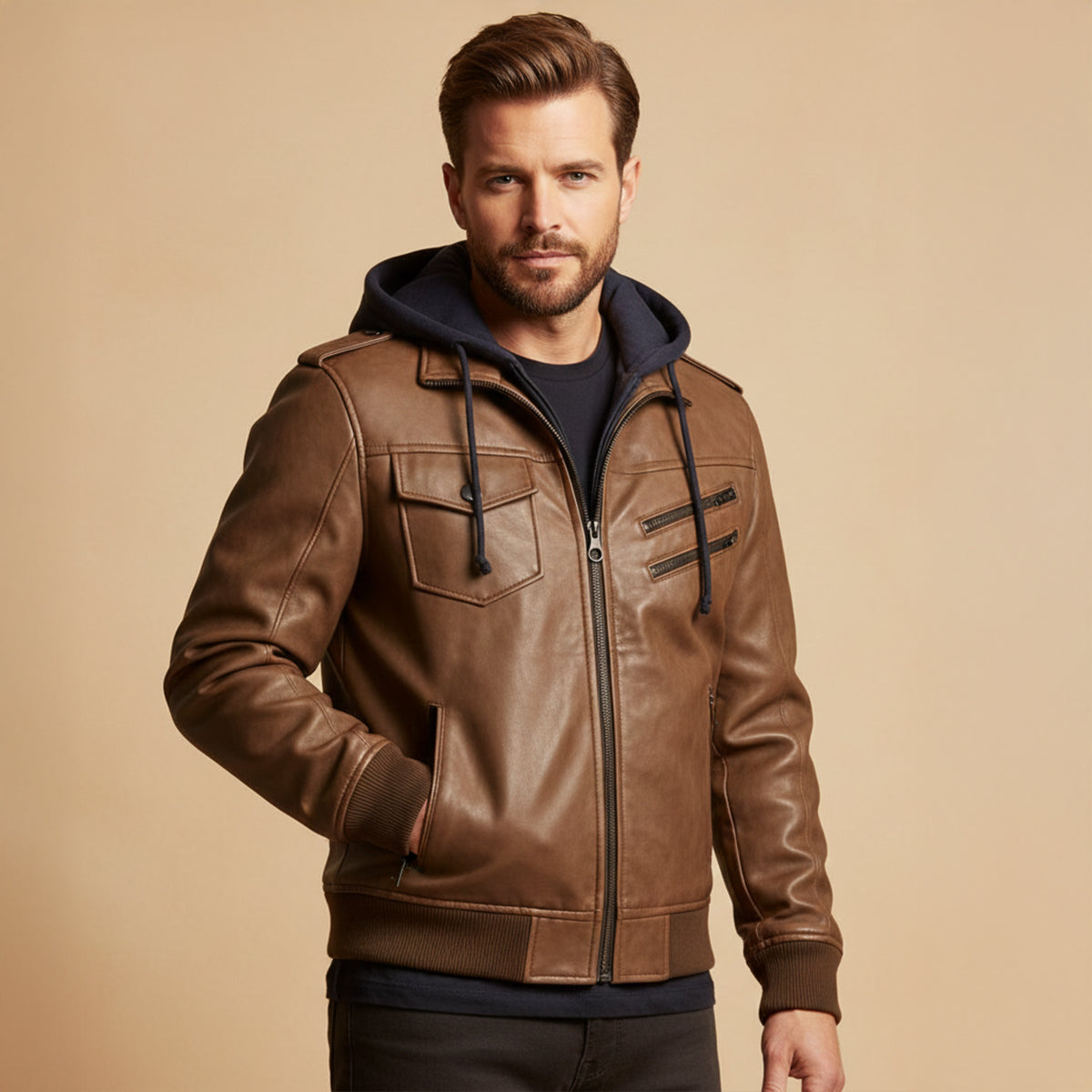 Axel | Men's Leather Bomber Jacket Brown Hooded Zip Up