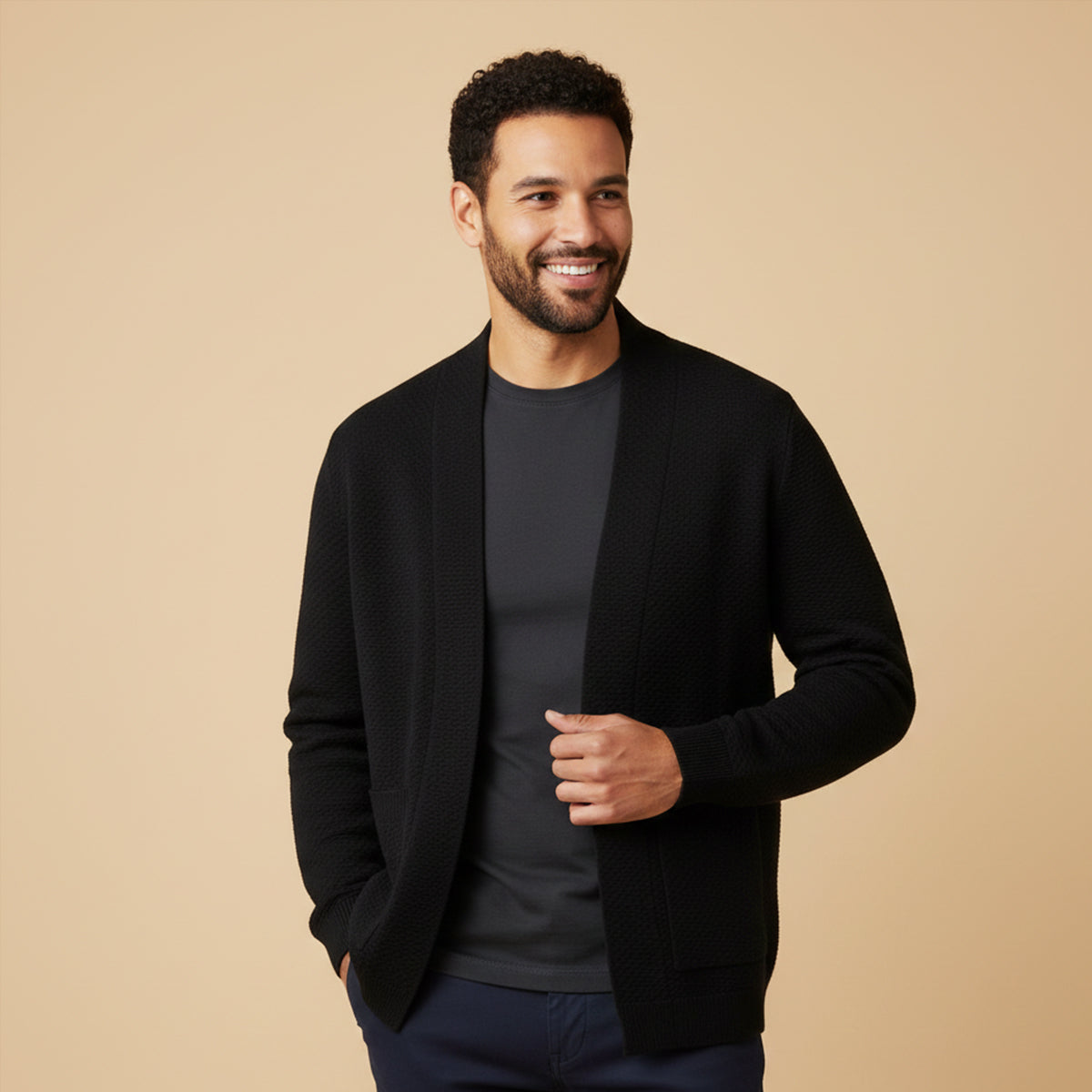 Callum | Men's Cable Knit Cardigan Cream Open Front Pockets