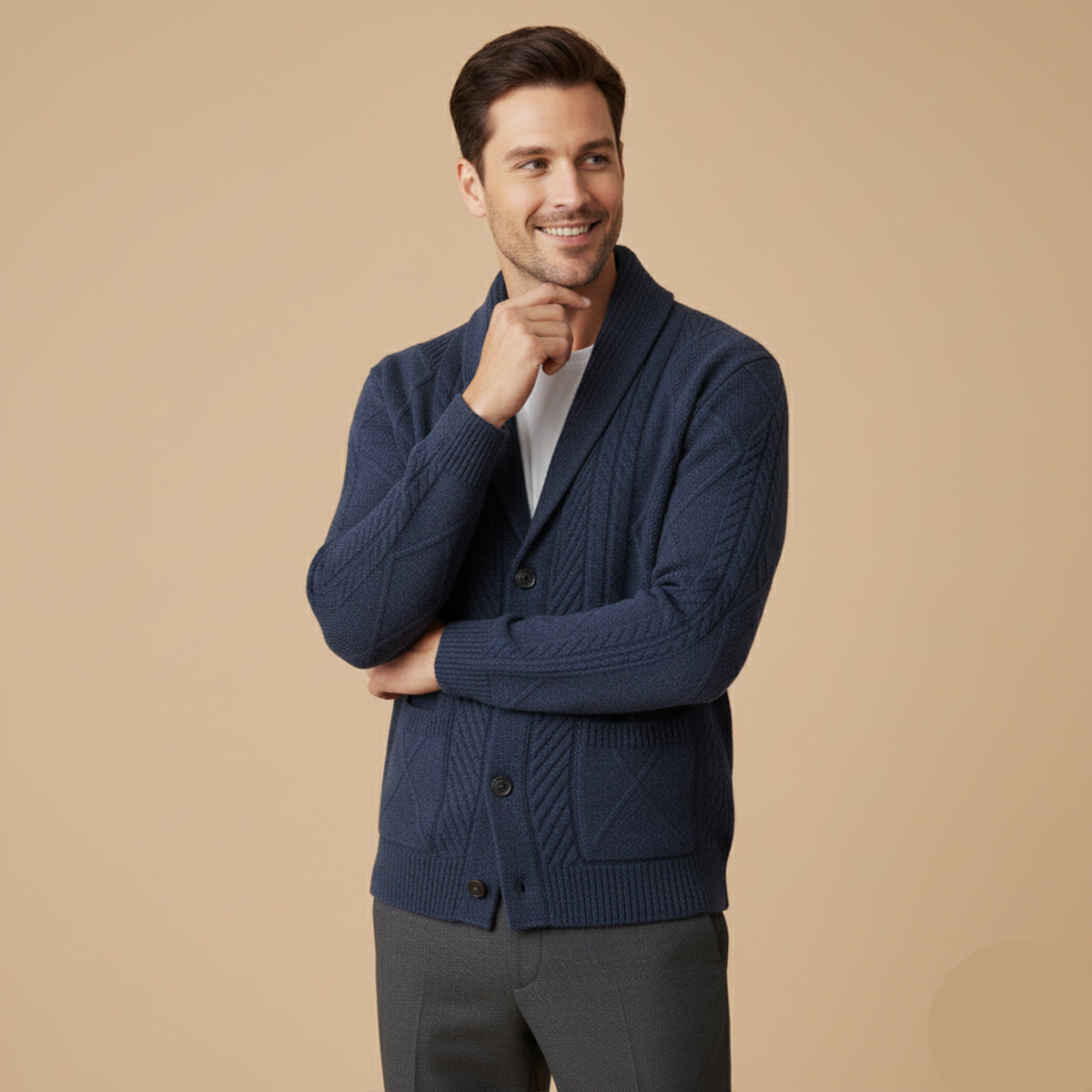 Bram | Men's Cable Knit Cardigan Navy Blue Shawl Collar