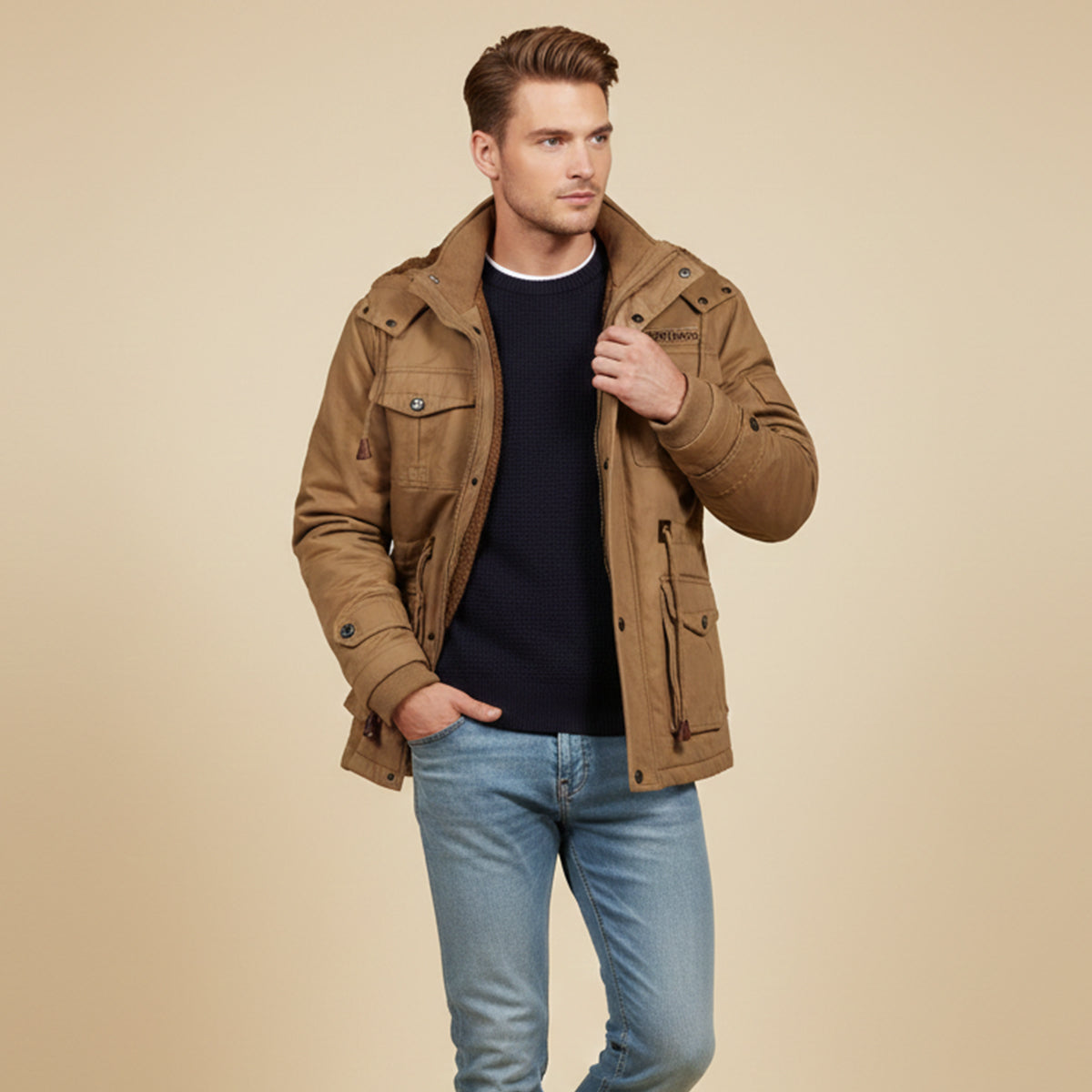 Kai | Men's Utility Jacket Beige Sherpa Lined Hooded