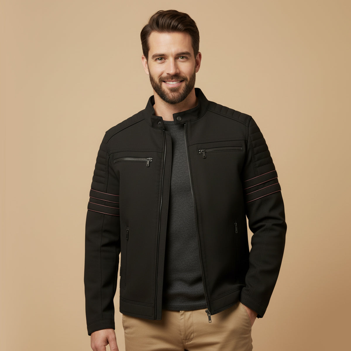 Bram | Men's Moto Jacket Black Quilted Sleeve Stripe