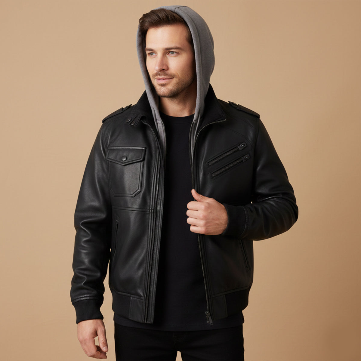 Axel | Men's Leather Bomber Jacket Brown Hooded Zip Up