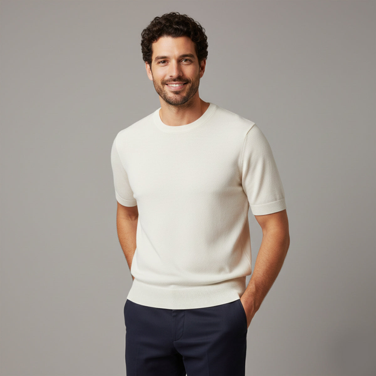 Aldo | Men's Crew Neck Sweater Cream Short Sleeve Knit