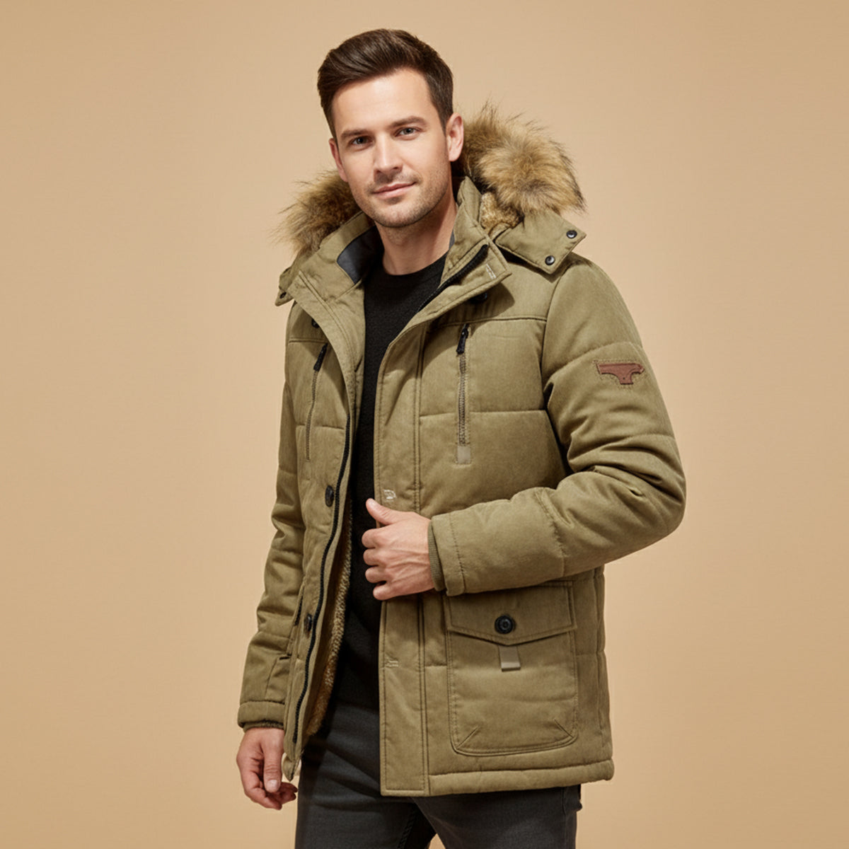 Jude | Men's Puffer Jacket Beige Faux Fur Hood Fleece Lined