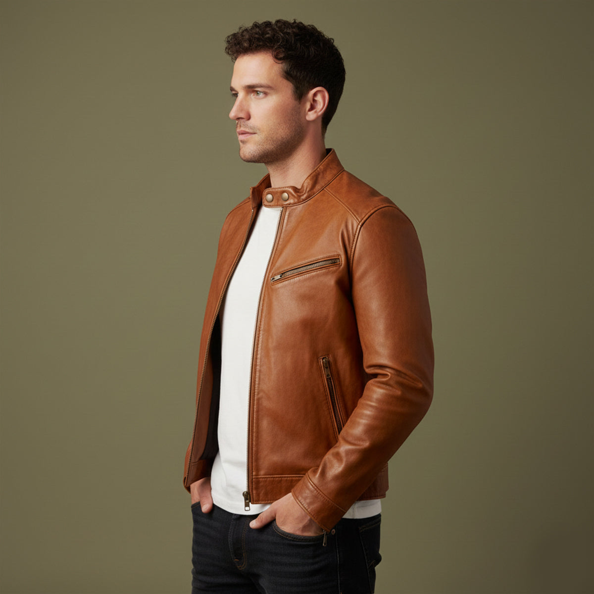 Erik | Men's Leather Jacket Brown Moto Zip Pocket