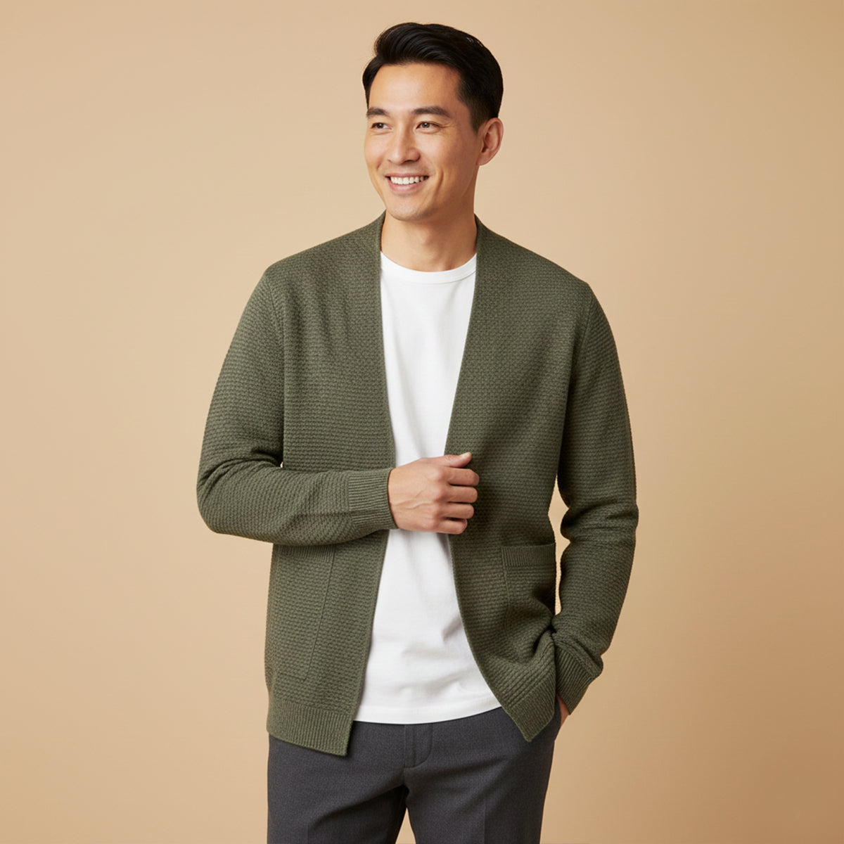 Callum | Men's Cable Knit Cardigan Cream Open Front Pockets