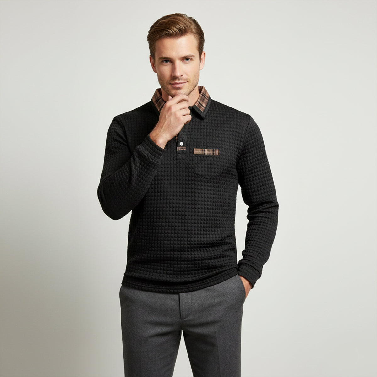 Callum | Men's Quilted Waffle Knit Polo Sweater Black Plaid Collar