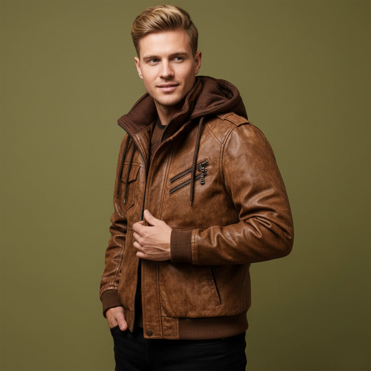 Axel | Men's Leather Bomber Jacket Brown Hooded Zip Up