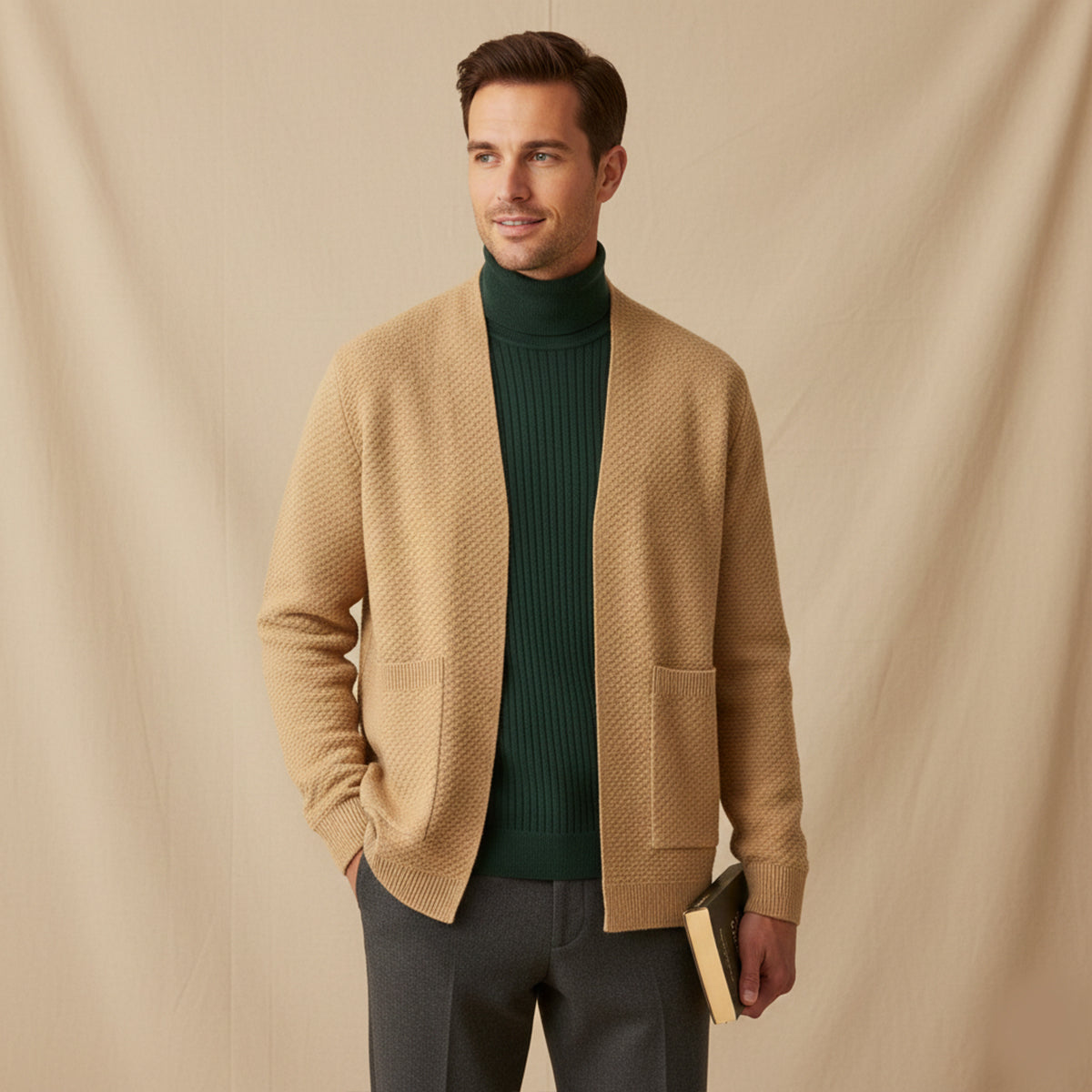 Callum | Men's Cable Knit Cardigan Cream Open Front Pockets