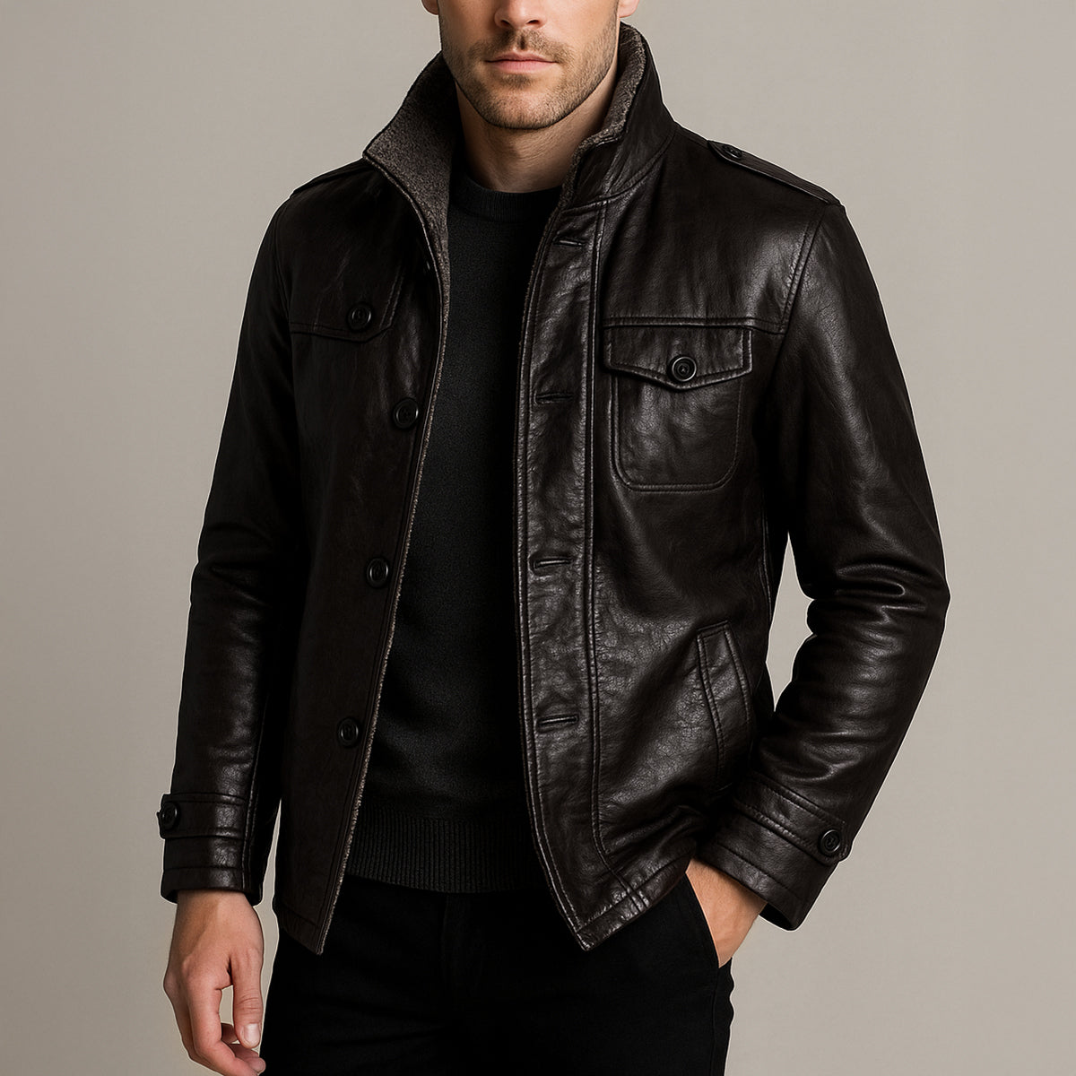 Axel | Men's Brown Leather Jacket Fleece Lined Stand Collar