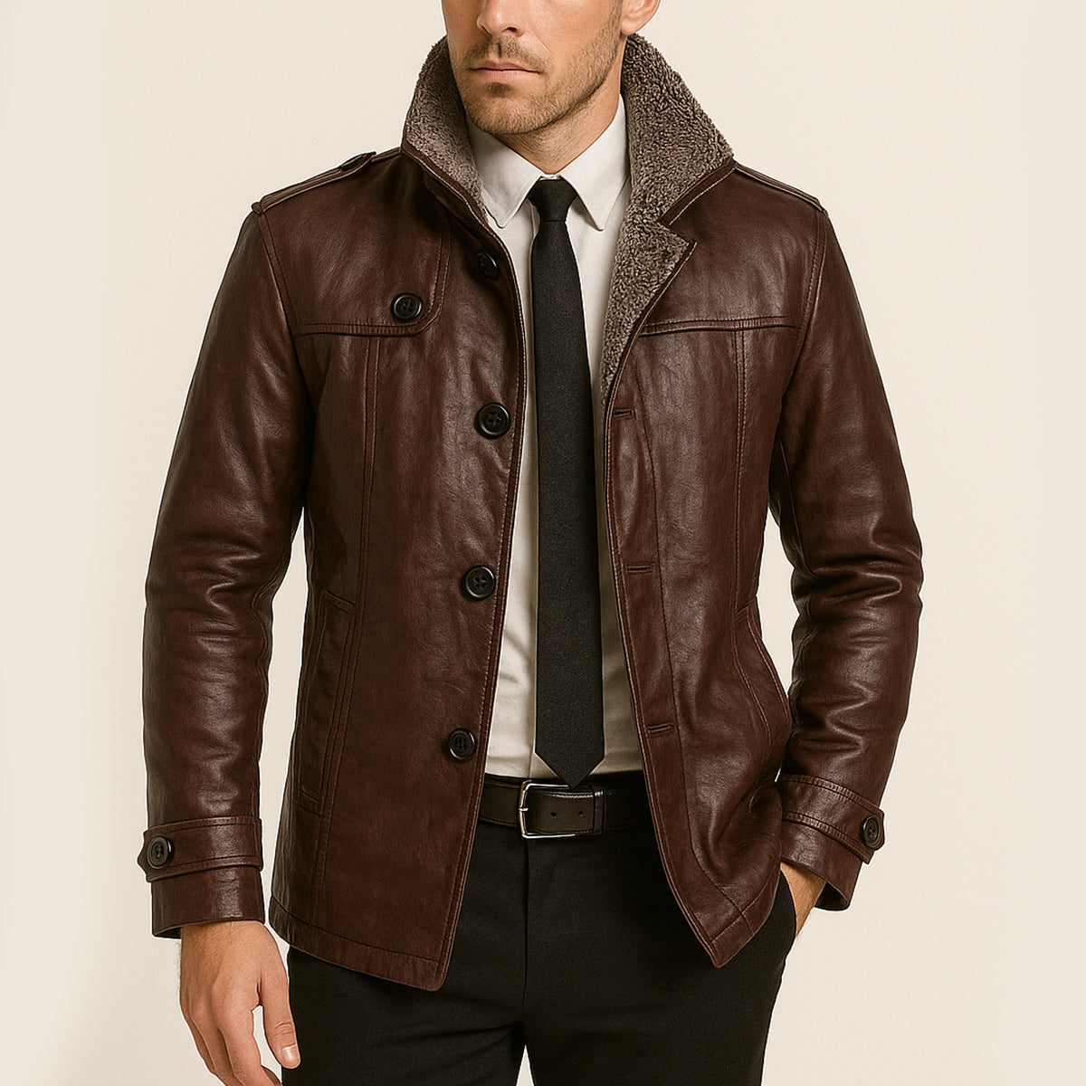 Axel | Men's Brown Leather Jacket Fleece Lined Stand Collar