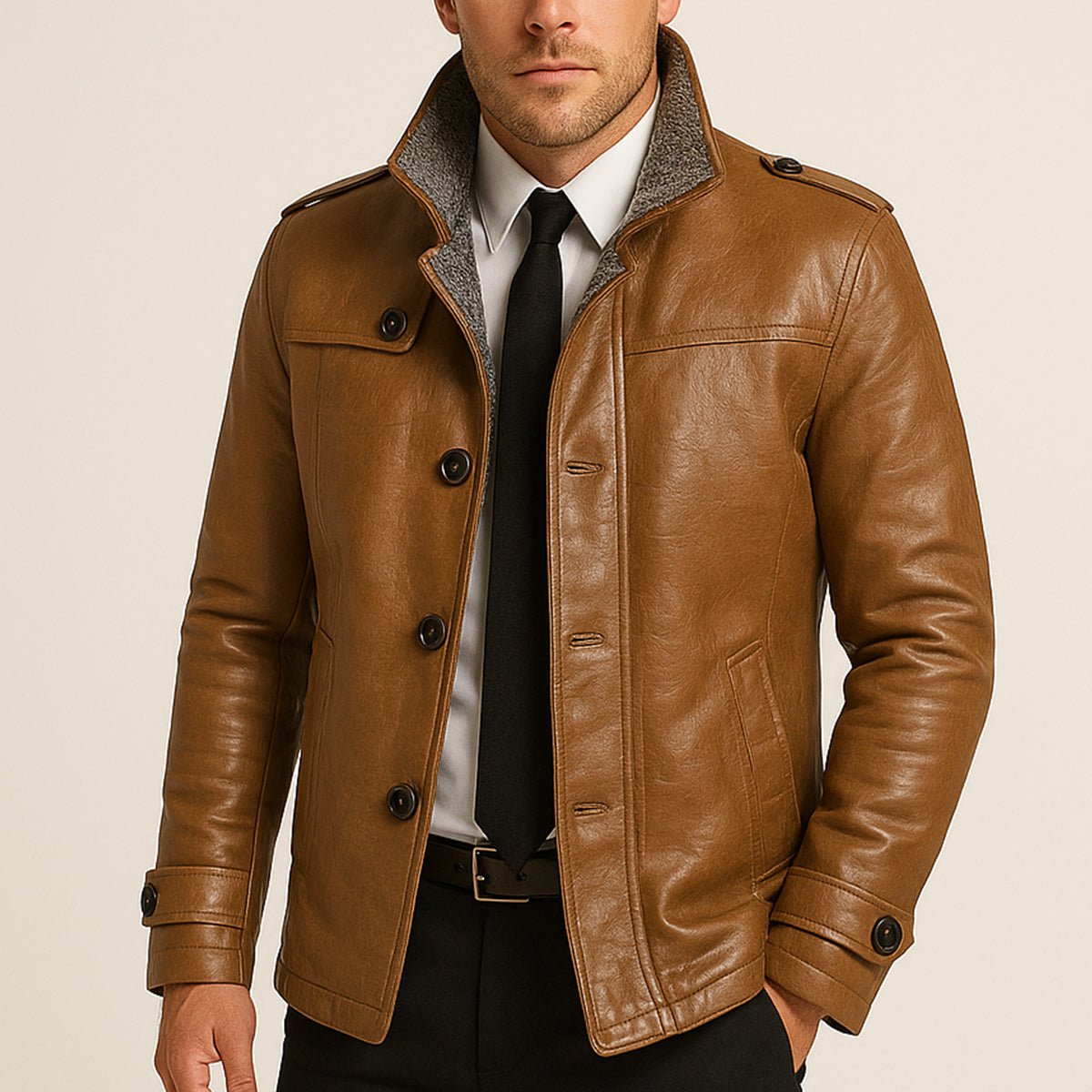 Axel | Men's Brown Leather Jacket Fleece Lined Stand Collar