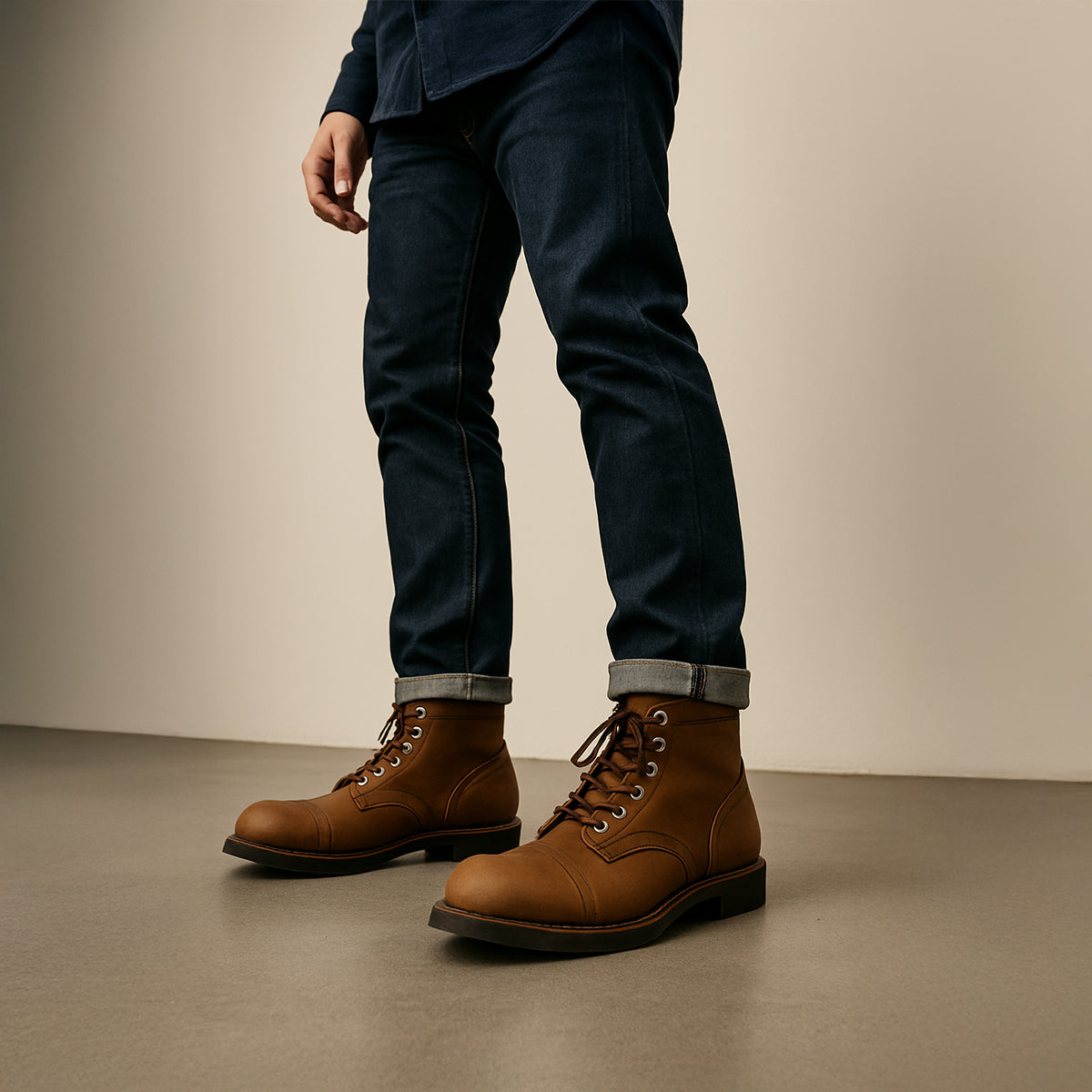 Beau | Men's Lace Up Work Boots Brown Leather