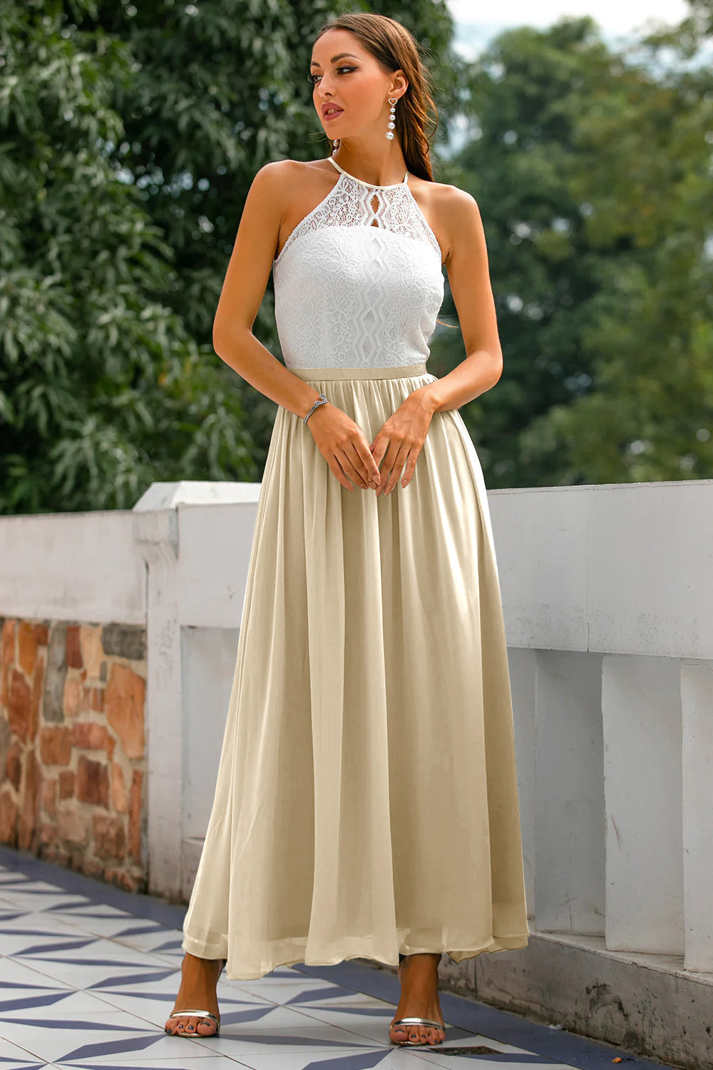 Mia | Women's Lace Halter Maxi Dress Gray White