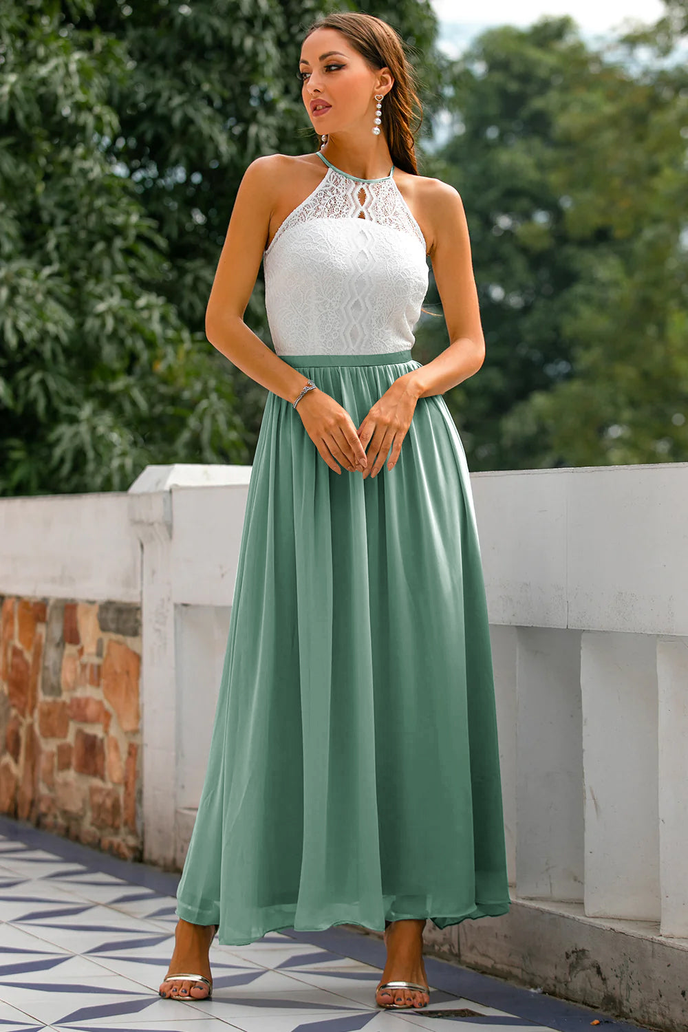 Mia | Women's Lace Halter Maxi Dress Gray White