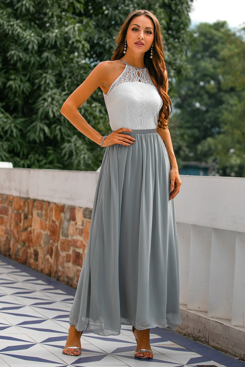 Mia | Women's Lace Halter Maxi Dress Gray White