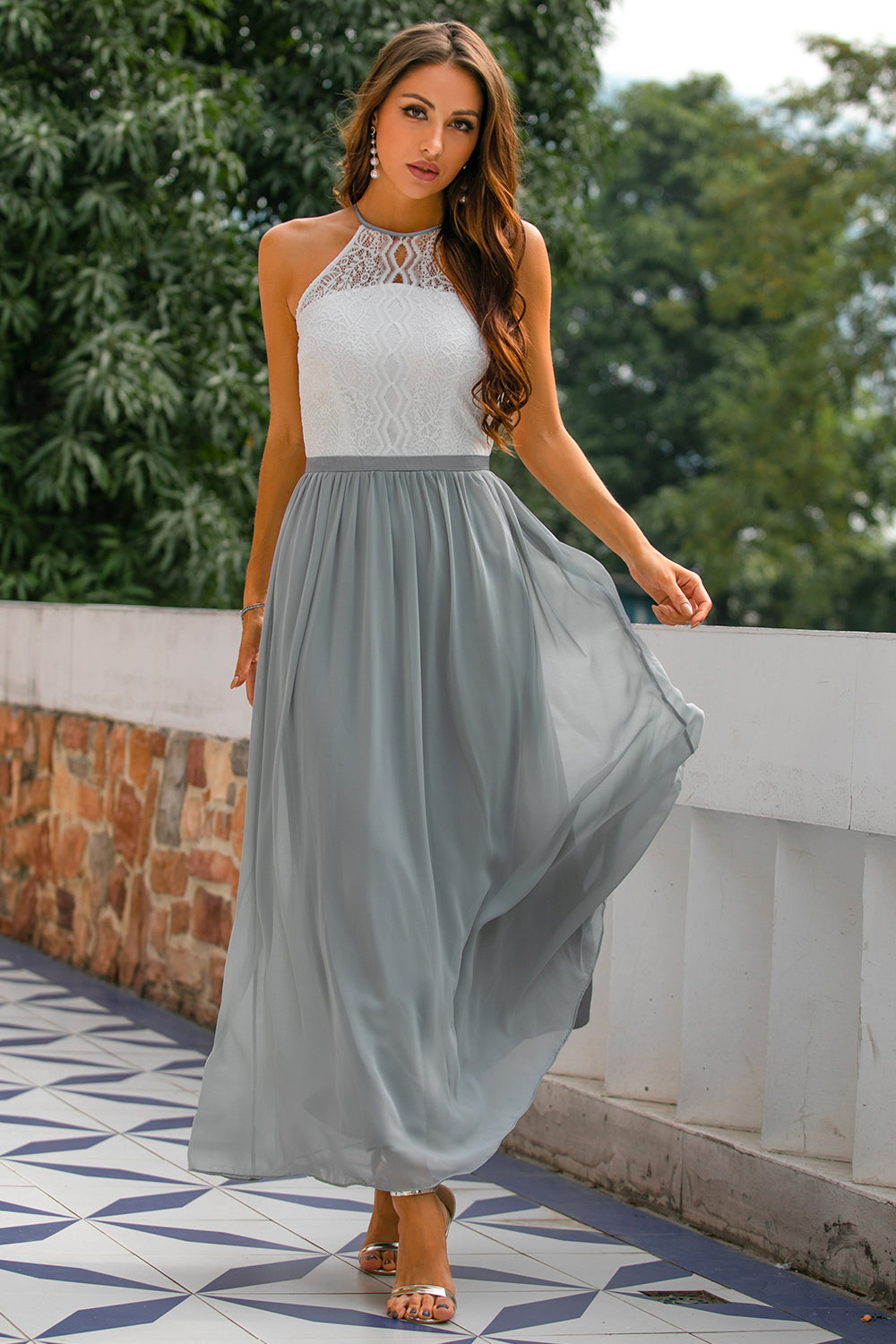 Mia | Women's Lace Halter Maxi Dress Gray White