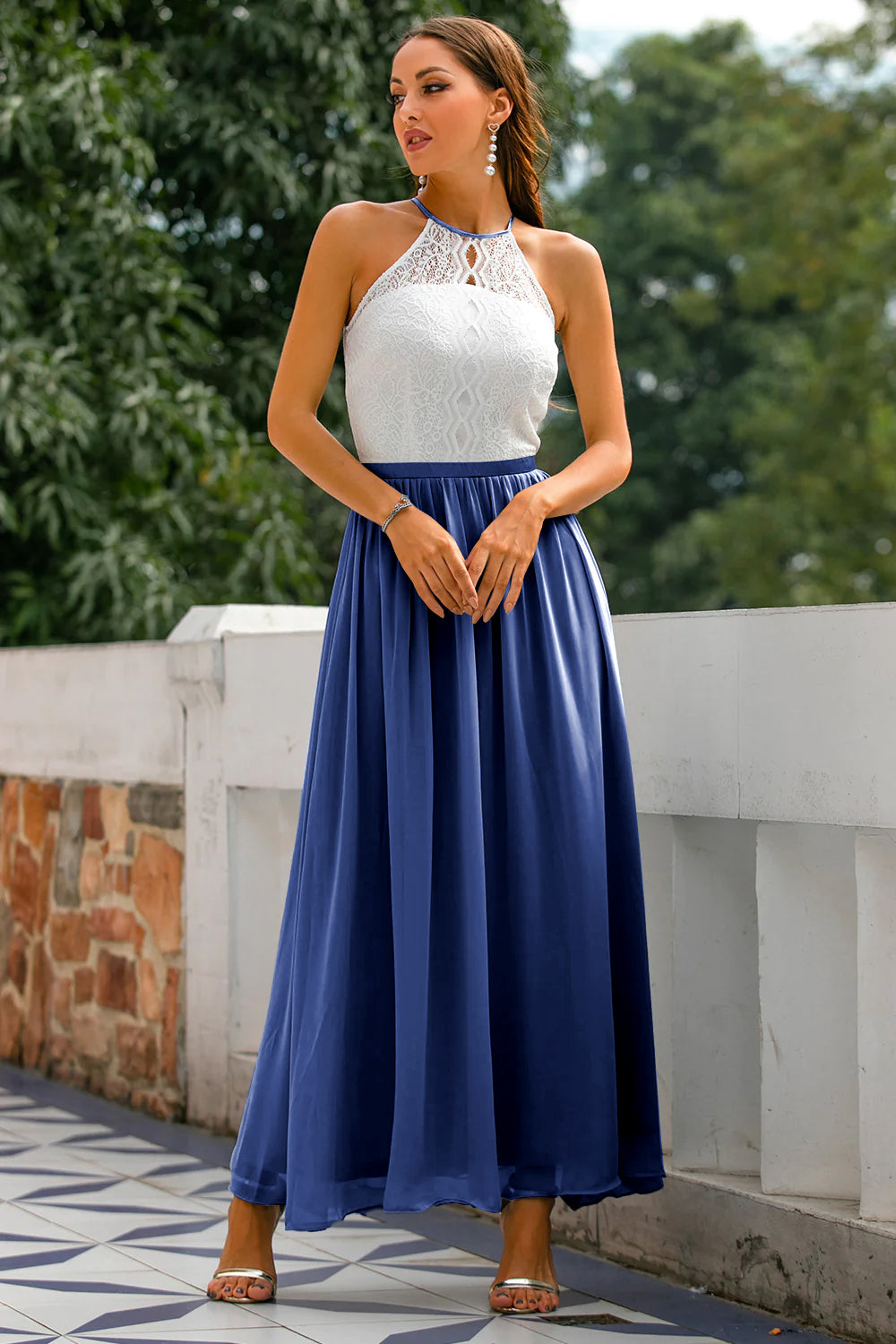Mia | Women's Lace Halter Maxi Dress Gray White