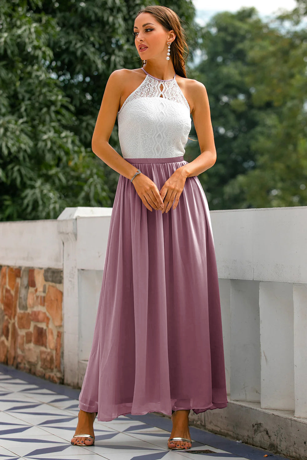 Mia | Women's Lace Halter Maxi Dress Gray White