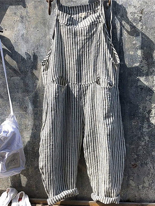 Faye | Women's Relaxed Fit Striped Denim Overalls Navy White