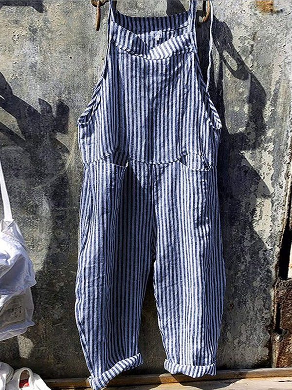 Faye | Women's Relaxed Fit Striped Denim Overalls Navy White