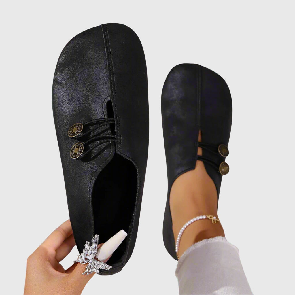 Camille | Women's Black Slip On Flats Button Detail