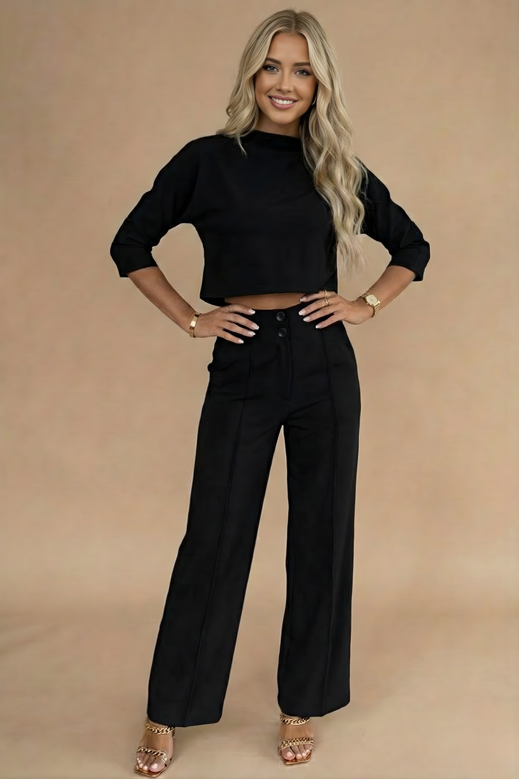 Isla | Women's Cropped Sweater Wide Leg Pant Set Cream