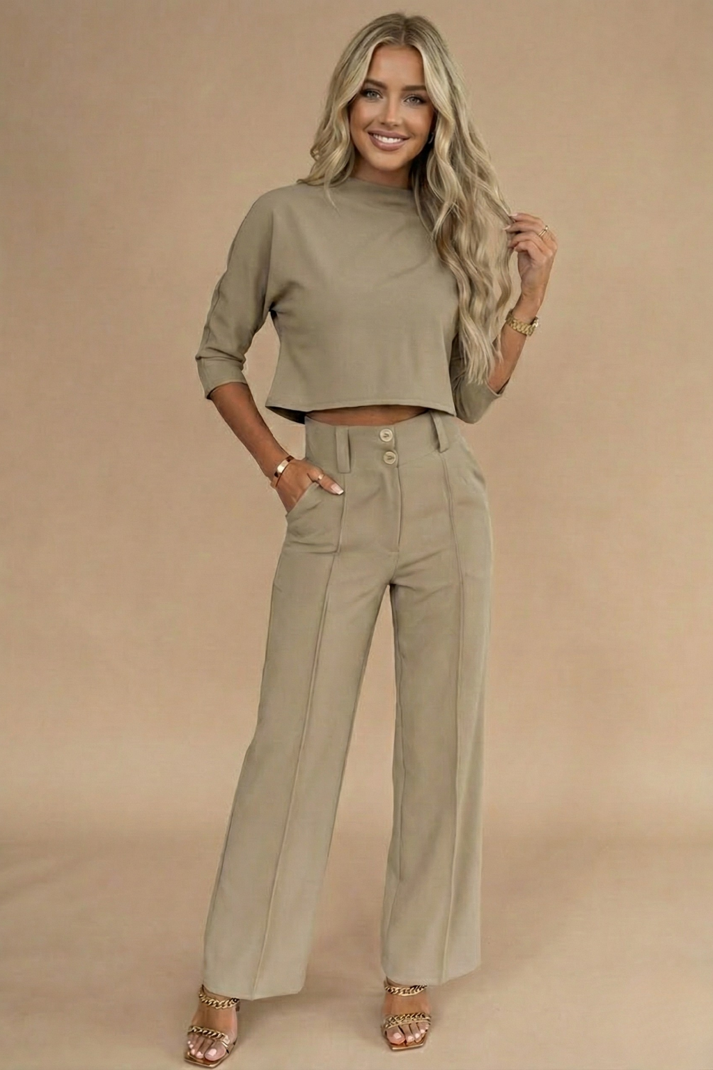 Isla | Women's Cropped Sweater Wide Leg Pant Set Cream