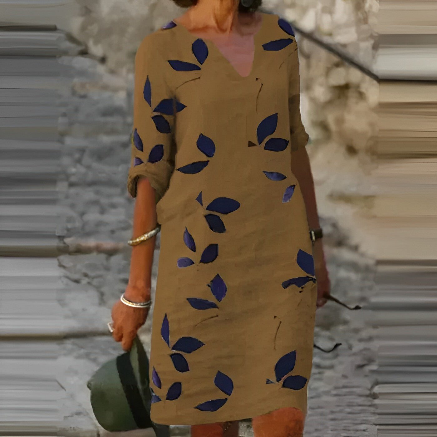 Demi | Women's V Neck Leaf Print Shift Dress White Navy