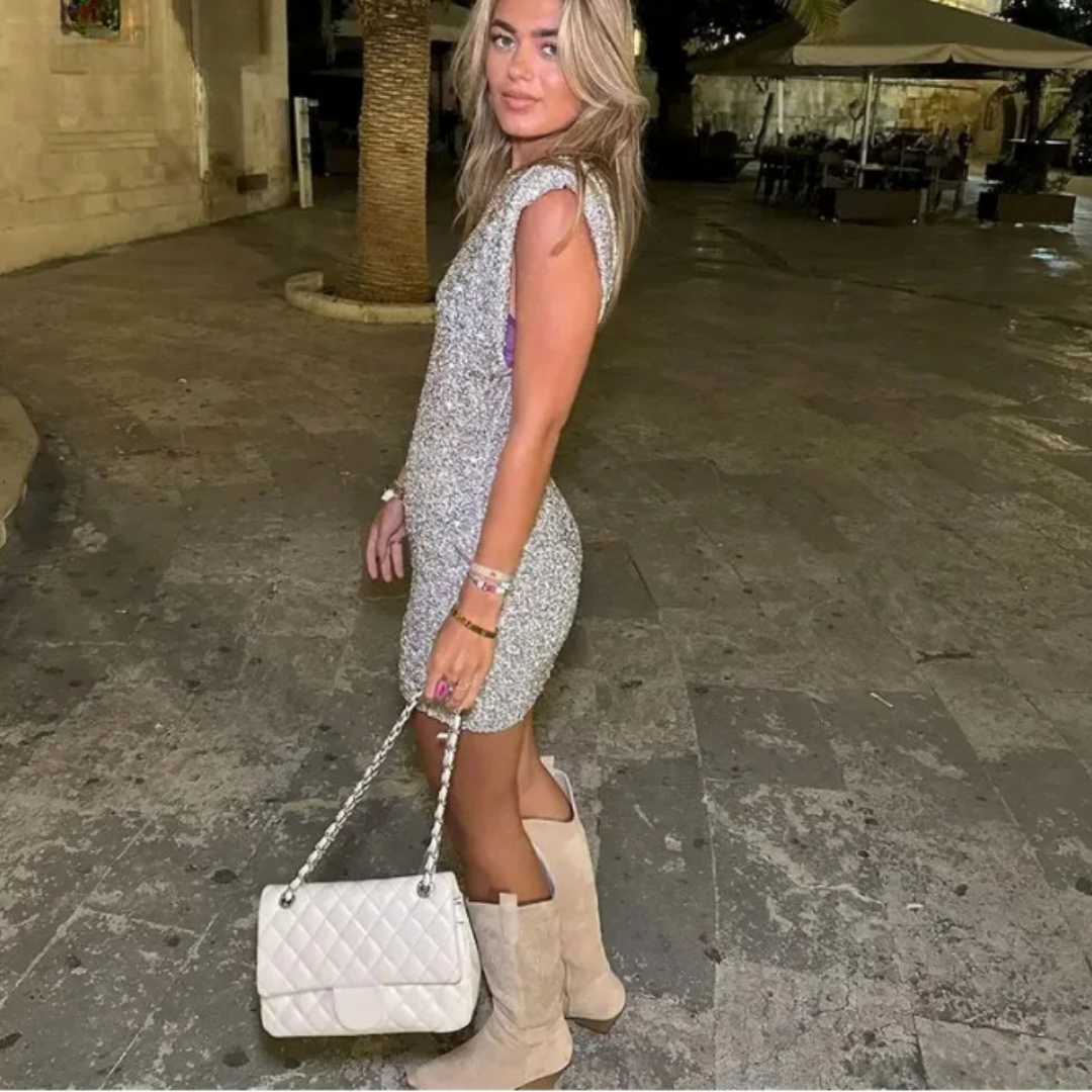 Edie | Women's Sequin Mini Dress Silver Short Sleeve