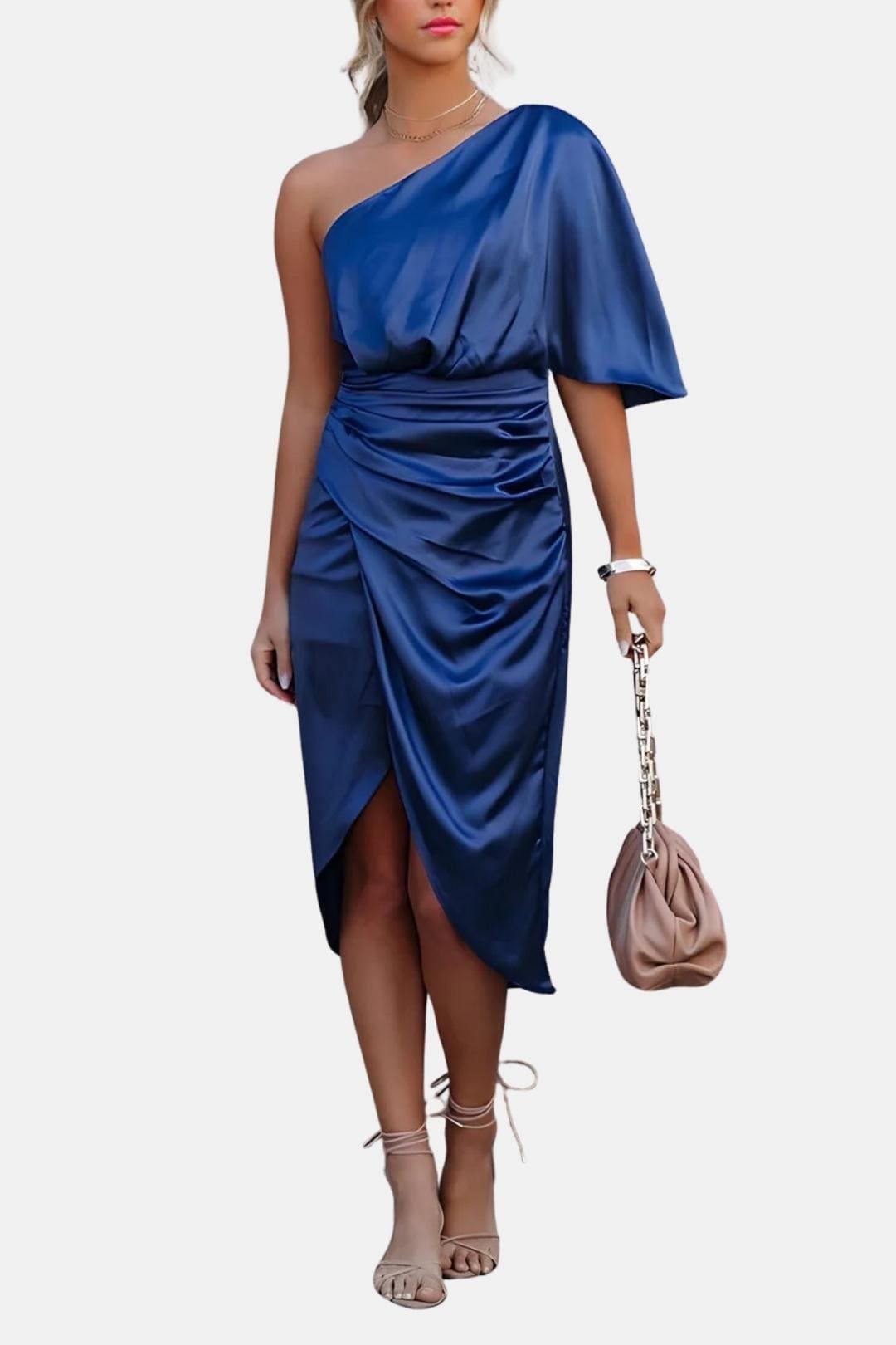 Alma | Women's One Shoulder Satin Midi Dress Black Ruched