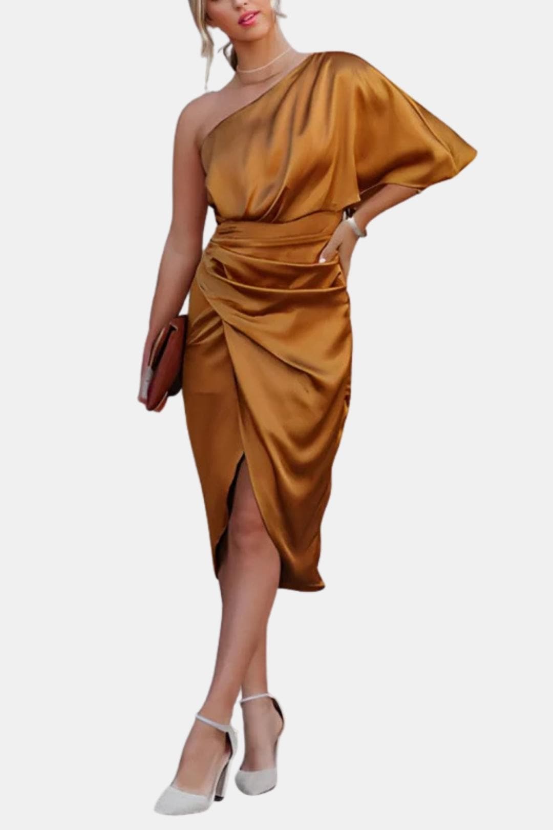Alma | Women's One Shoulder Satin Midi Dress Black Ruched