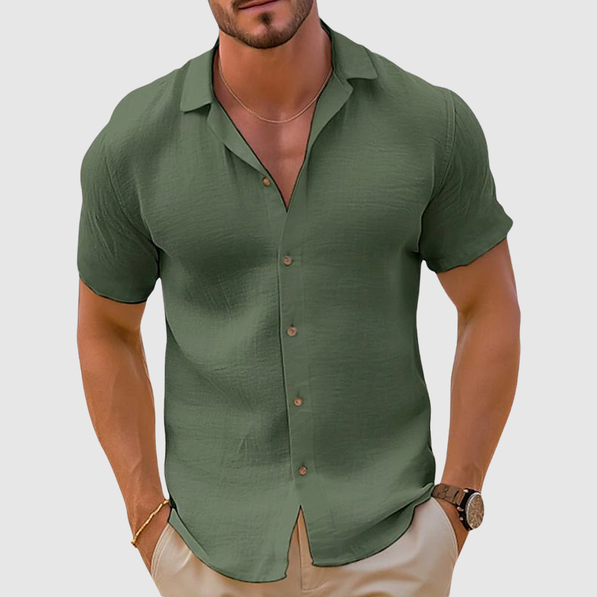 Rex | Men's Linen Button Up Shirt Cream Short Sleeve